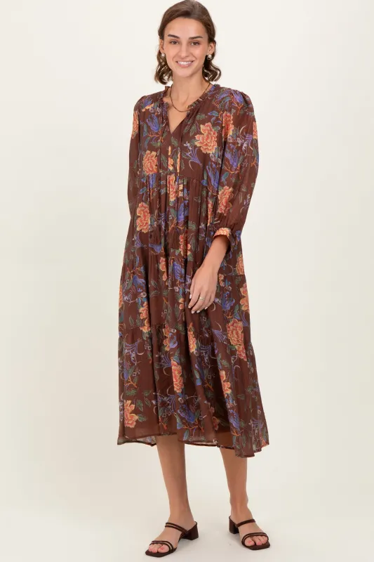 Brown Floral Front Tie Tiered Midi Dress sold by Pinkblush