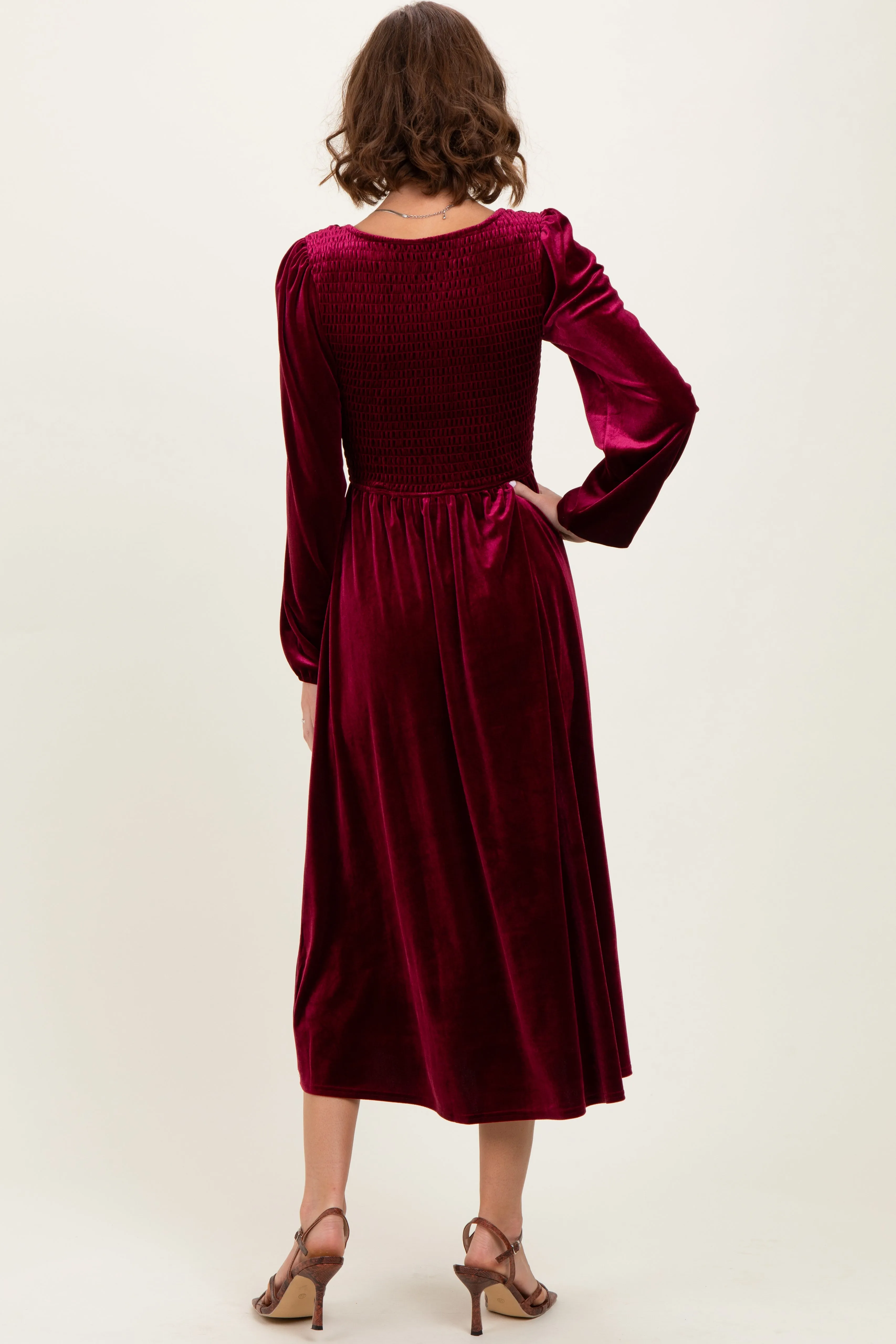 Burgundy Velvet Smocked Long Sleeve Midi Dress sold by Pinkblush product image thumbnail 4