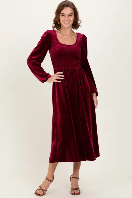 Burgundy Velvet Smocked Long Sleeve Midi Dress sold by Pinkblush