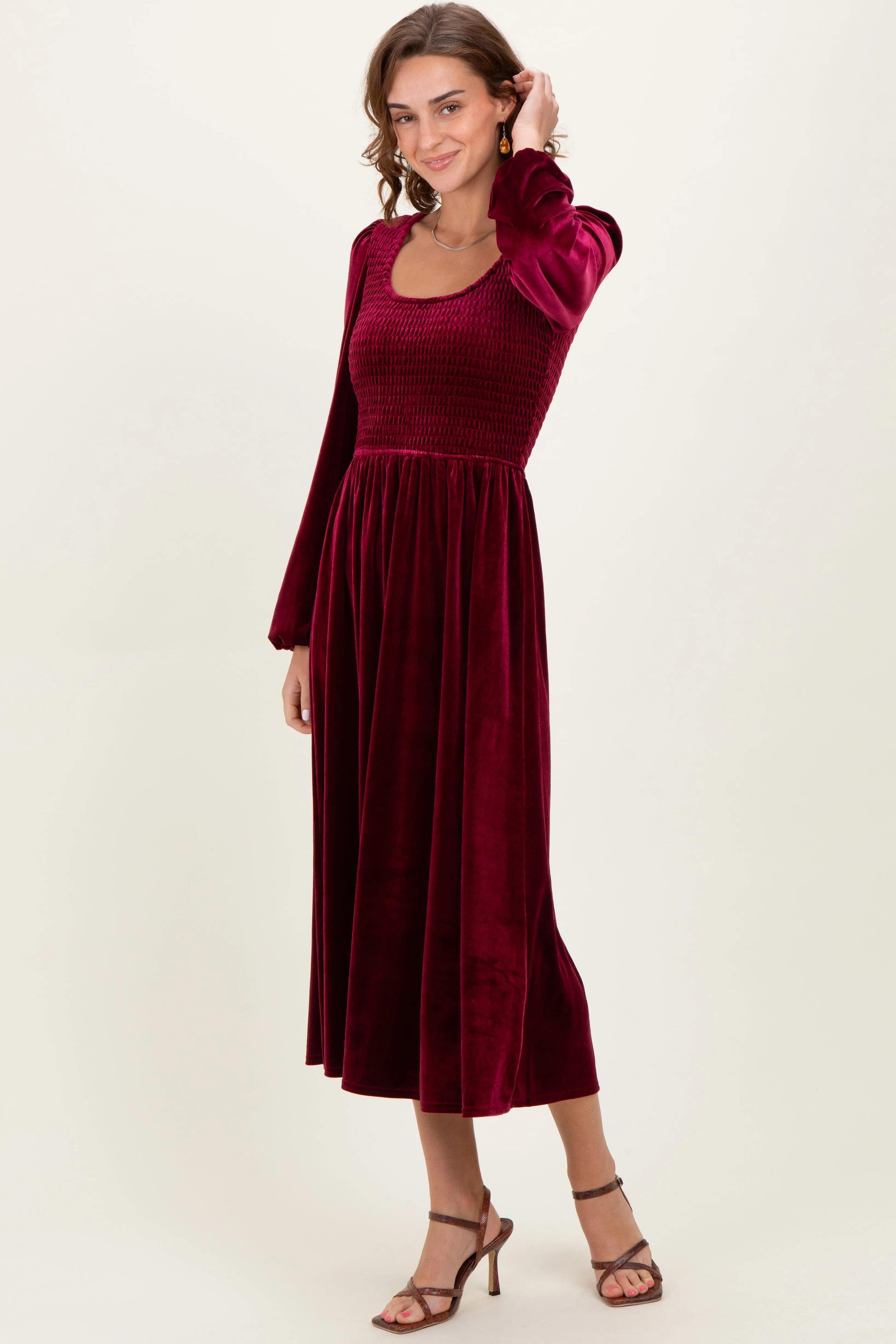 Burgundy Velvet Smocked Long Sleeve Midi Dress sold by Pinkblush product image thumbnail 2