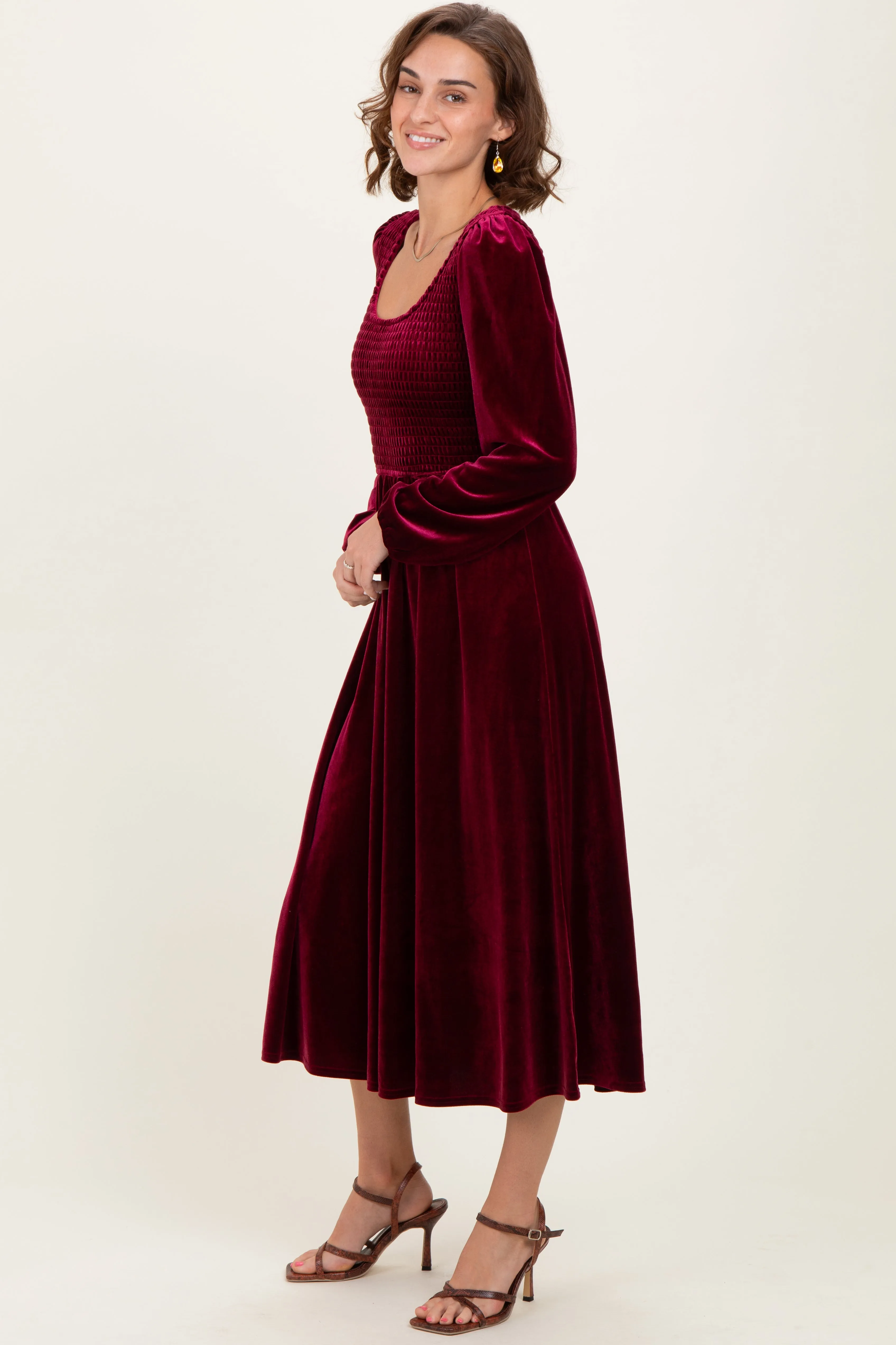 Burgundy Velvet Smocked Long Sleeve Midi Dress sold by Pinkblush product image thumbnail 3
