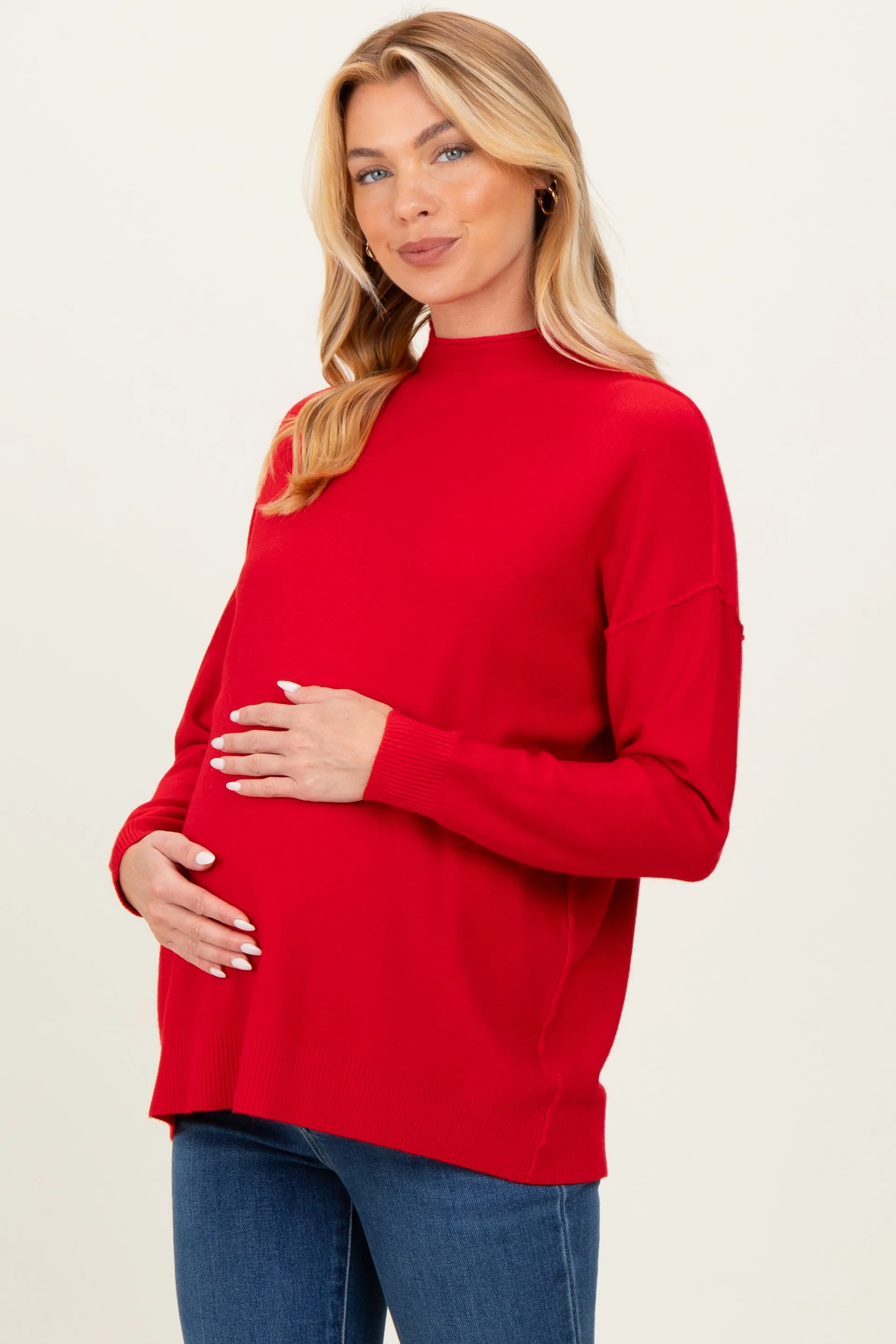 Red Mock Neck Exposed Seam Maternity Sweater sold by Pinkblush product image thumbnail 5
