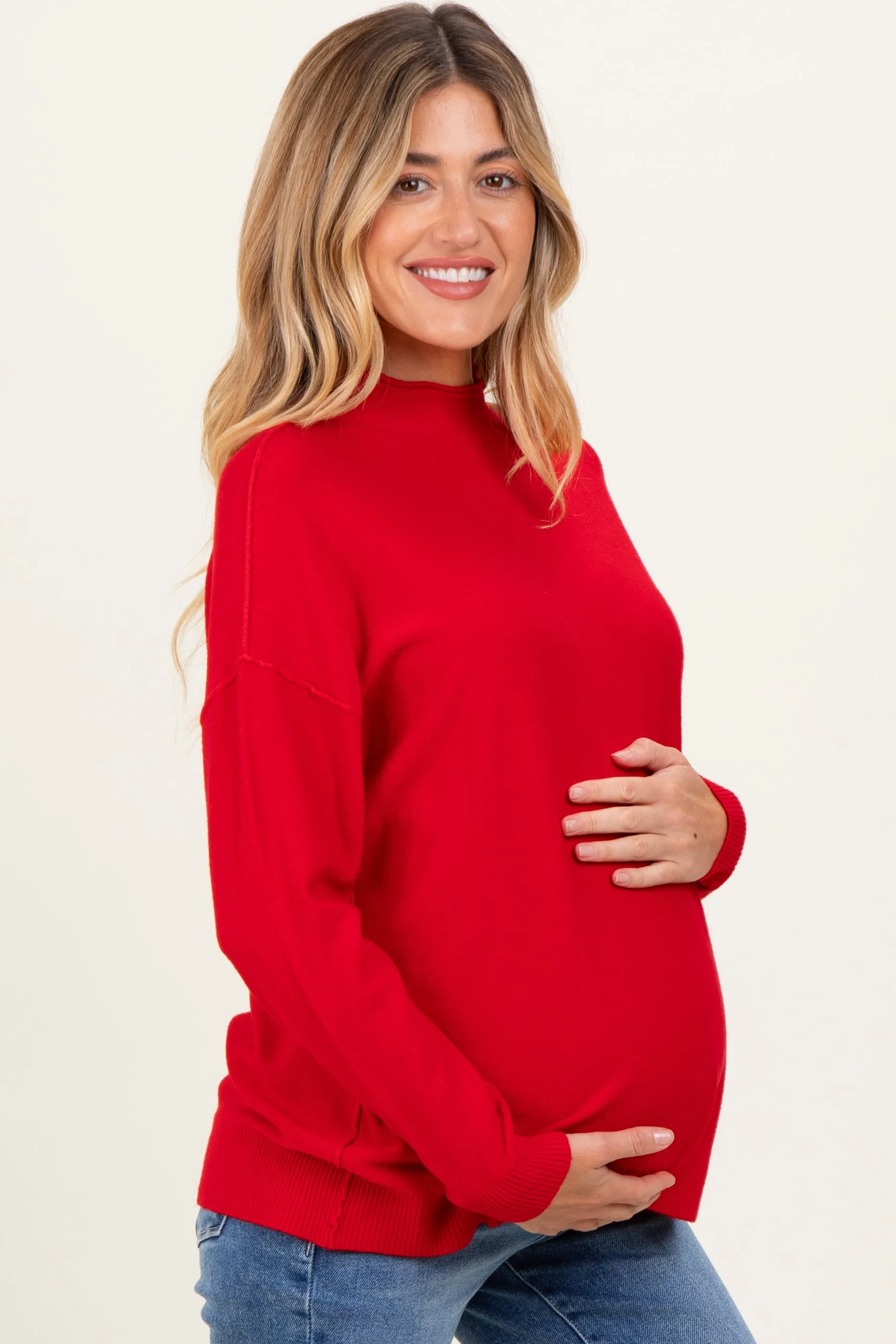 Red Mock Neck Exposed Seam Maternity Sweater sold by Pinkblush product image thumbnail 3
