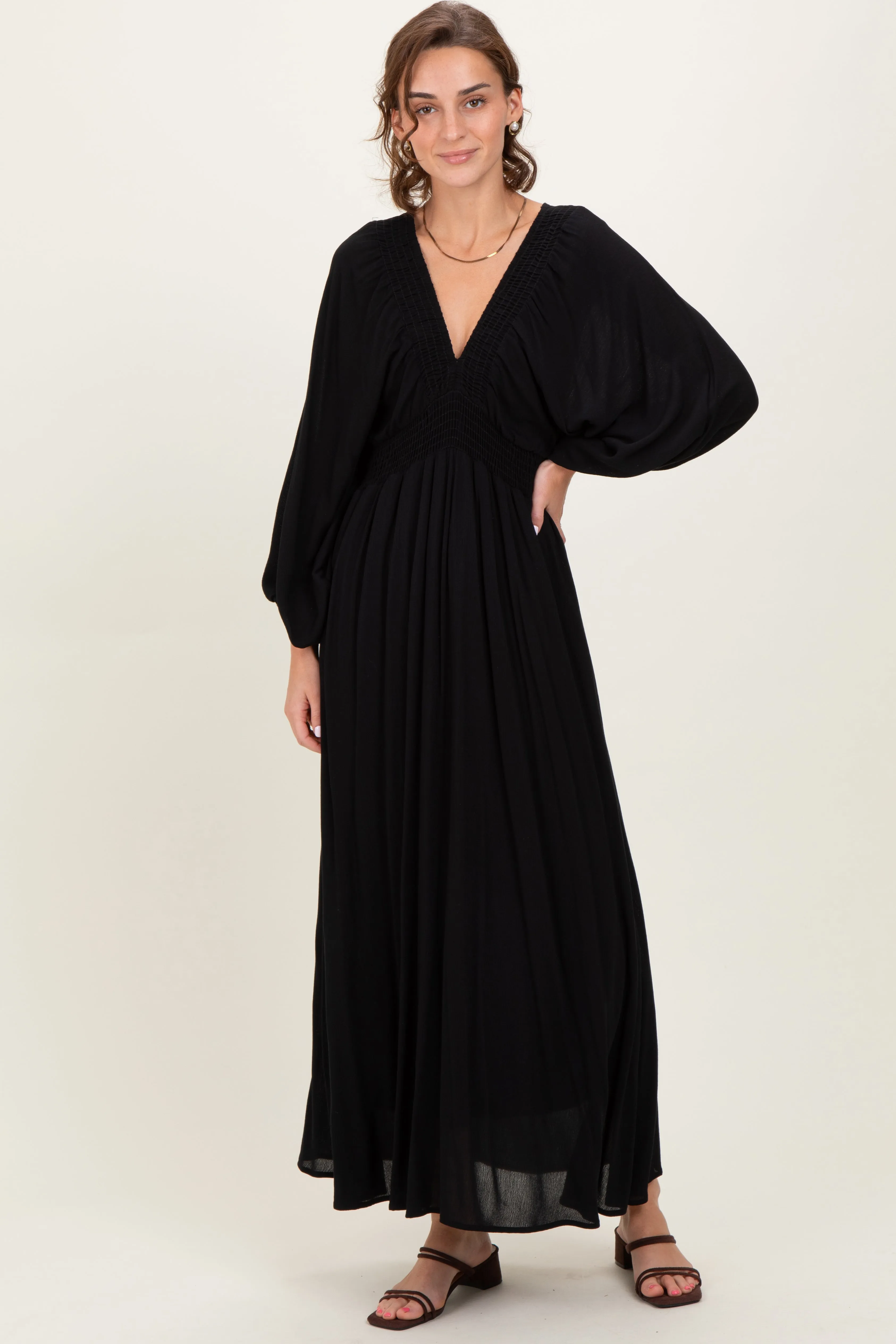 Black Solid Long Sleeve V-Neck Smocked Detail Maxi Dress sold by Pinkblush product image thumbnail 2