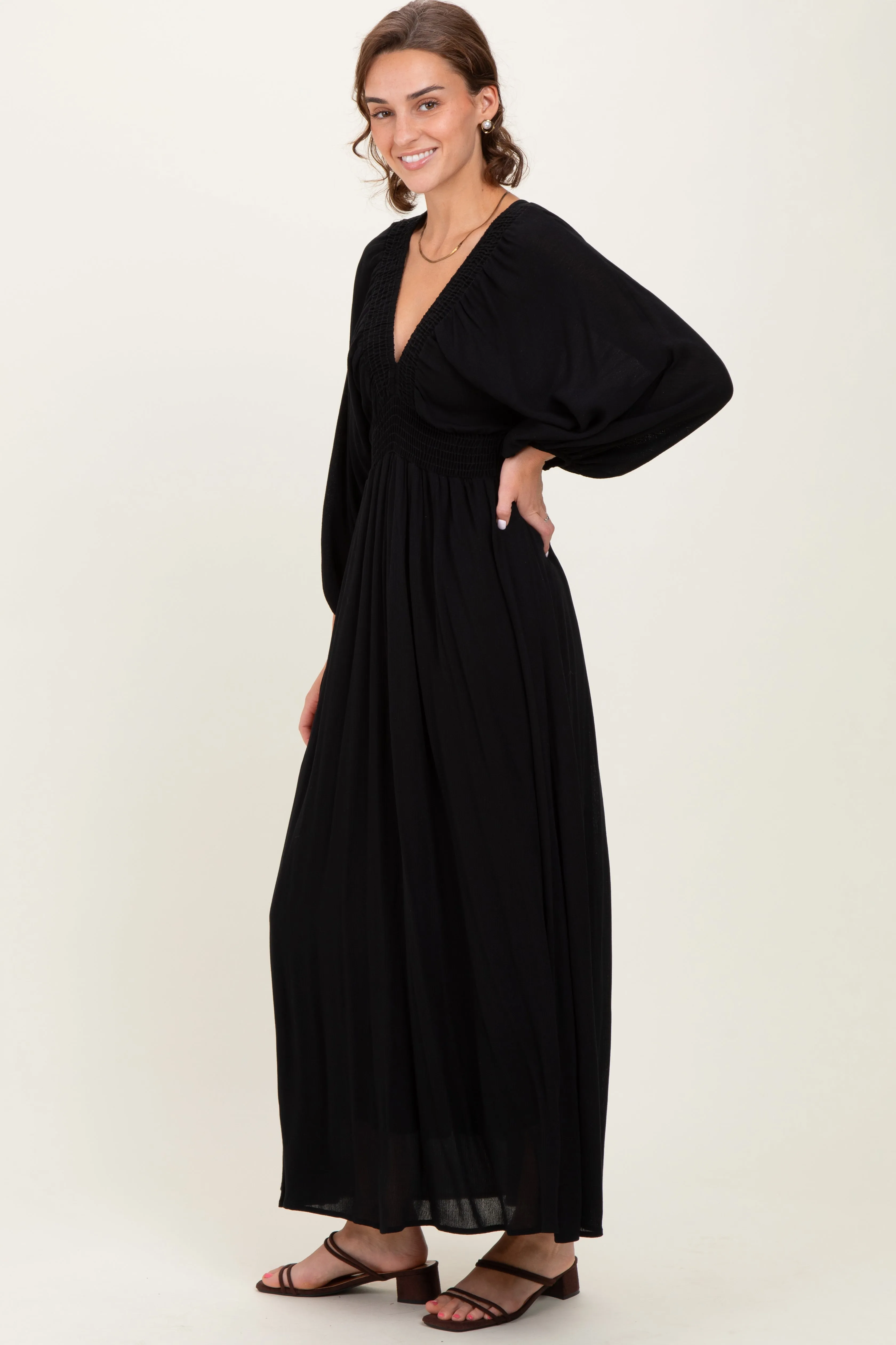 Black Solid Long Sleeve V-Neck Smocked Detail Maxi Dress sold by Pinkblush product image thumbnail 3