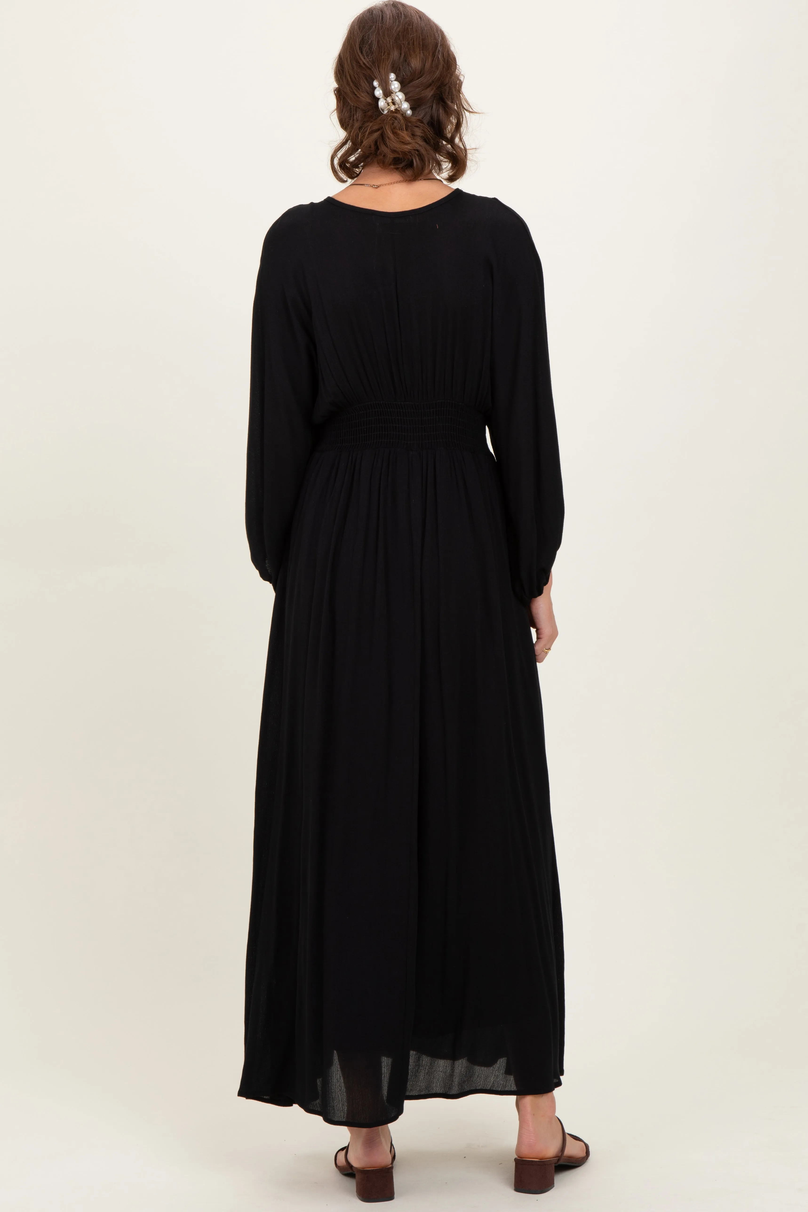 Black Solid Long Sleeve V-Neck Smocked Detail Maxi Dress sold by Pinkblush product image thumbnail 4
