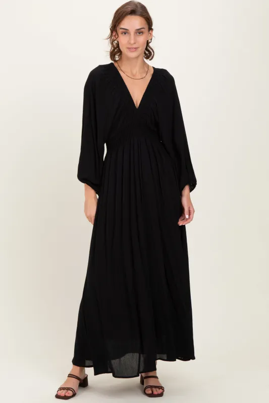 Black Solid Long Sleeve V-Neck Smocked Detail Maxi Dress sold by Pinkblush