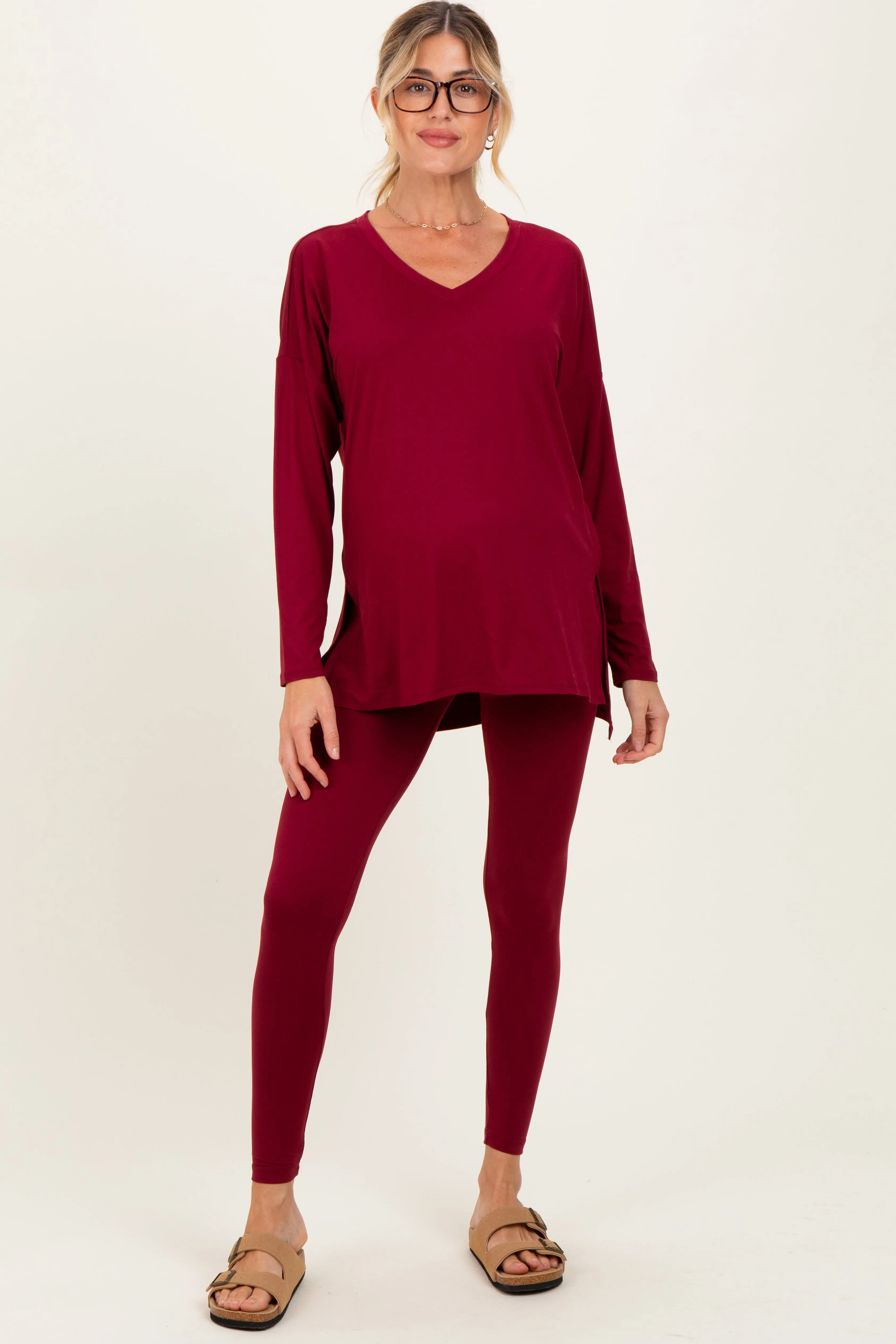 Burgundy Brushed Knit Maternity Oversized Top and Legging Set sold by Pinkblush