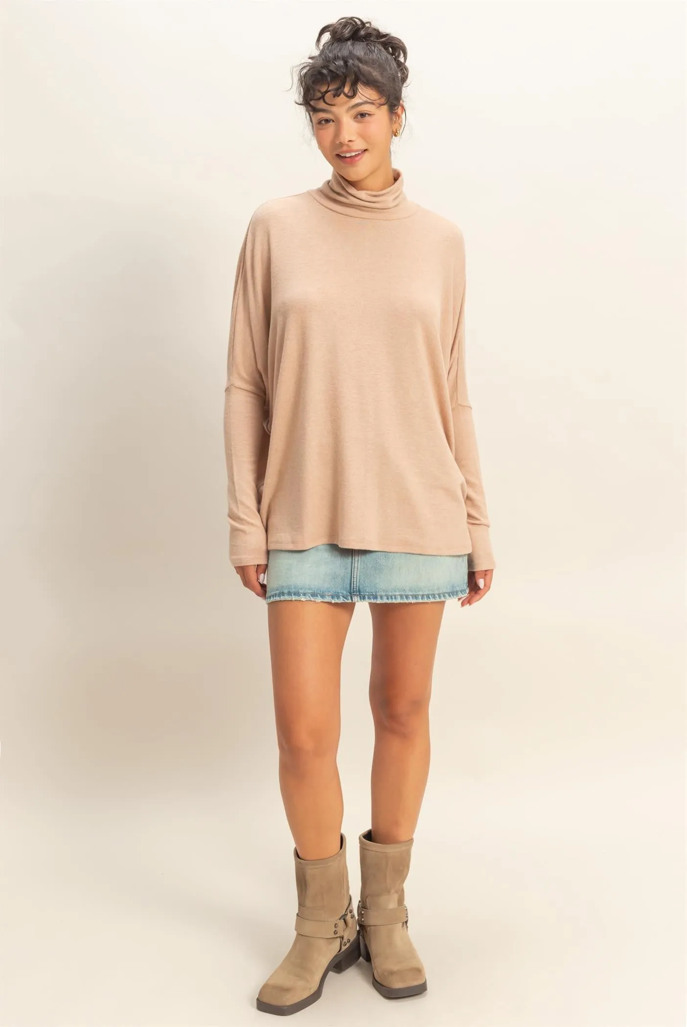 Taupe Draped Oversized Turtleneck Dolman Sleeve Top sold by Pinkblush product image thumbnail 4
