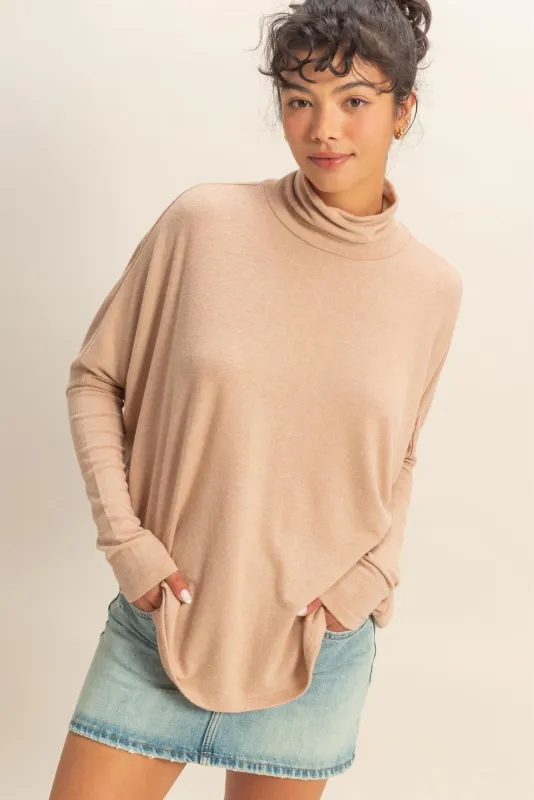 Taupe Draped Oversized Turtleneck Dolman Sleeve Top made by HYFVE