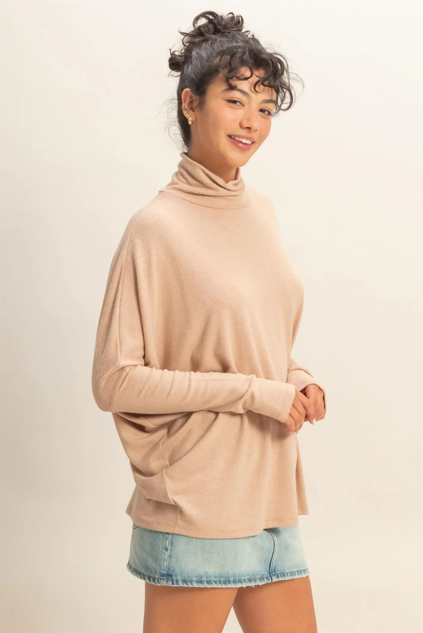 Taupe Draped Oversized Turtleneck Dolman Sleeve Top sold by Pinkblush product image thumbnail 2