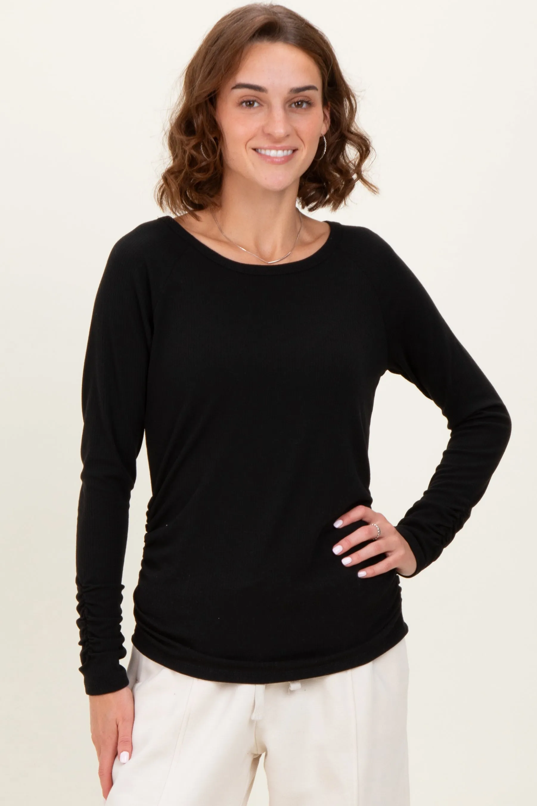 Black Solid Ribbed Ruched Long Sleeve Top sold by Pinkblush product image thumbnail 2