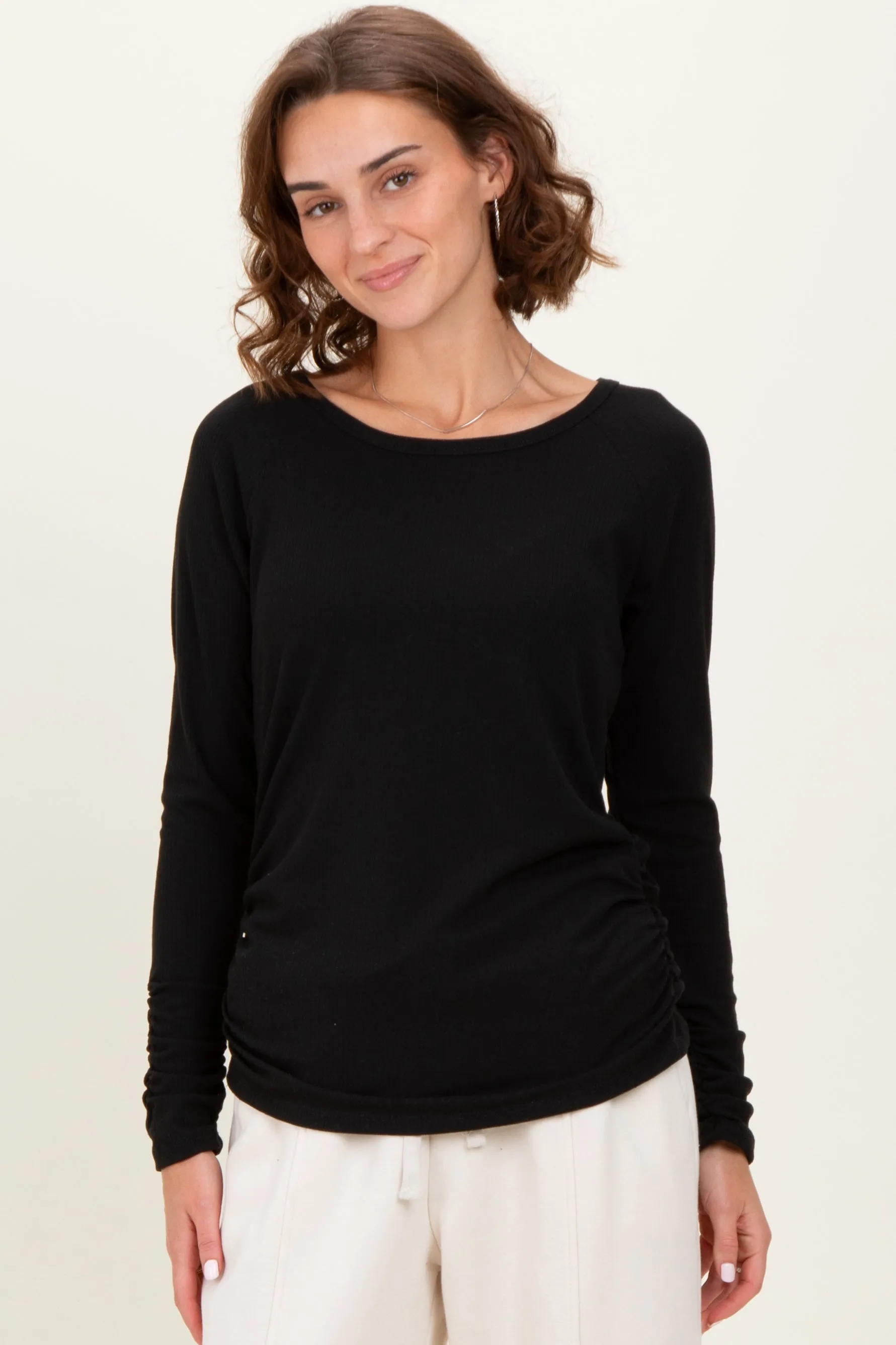 Black Solid Ribbed Ruched Long Sleeve Top sold by Pinkblush