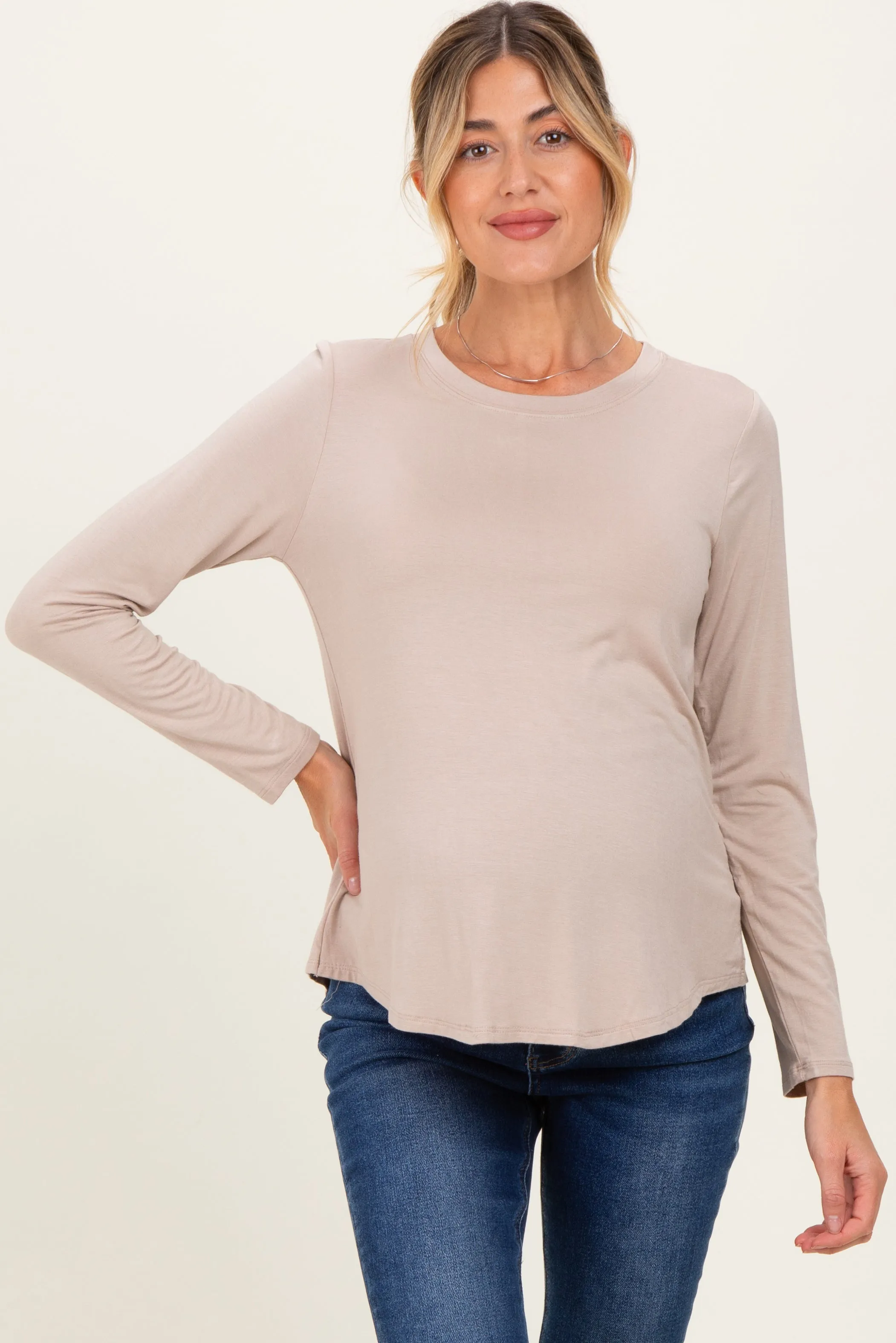 Taupe Flowy Round Hem Maternity Long Sleeve Top sold by Pinkblush
