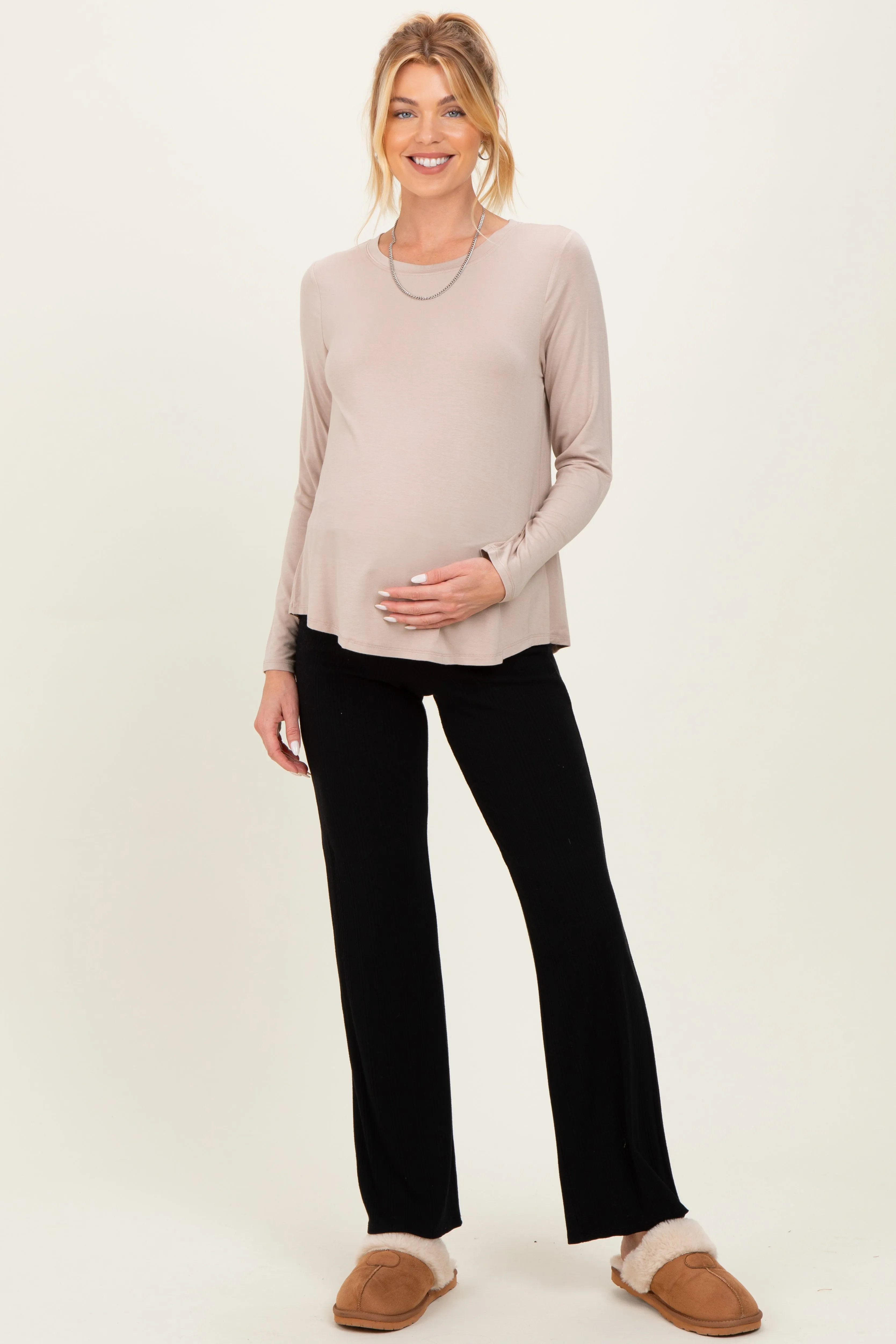 Taupe Flowy Round Hem Maternity Long Sleeve Top sold by Pinkblush product image thumbnail 5