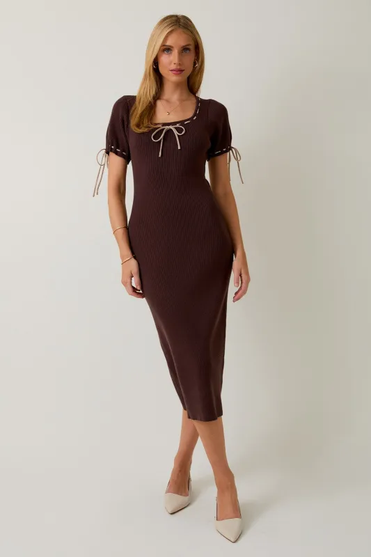 Brown Ribbed Knit Stitch Detail Midi Dress sold by Pinkblush