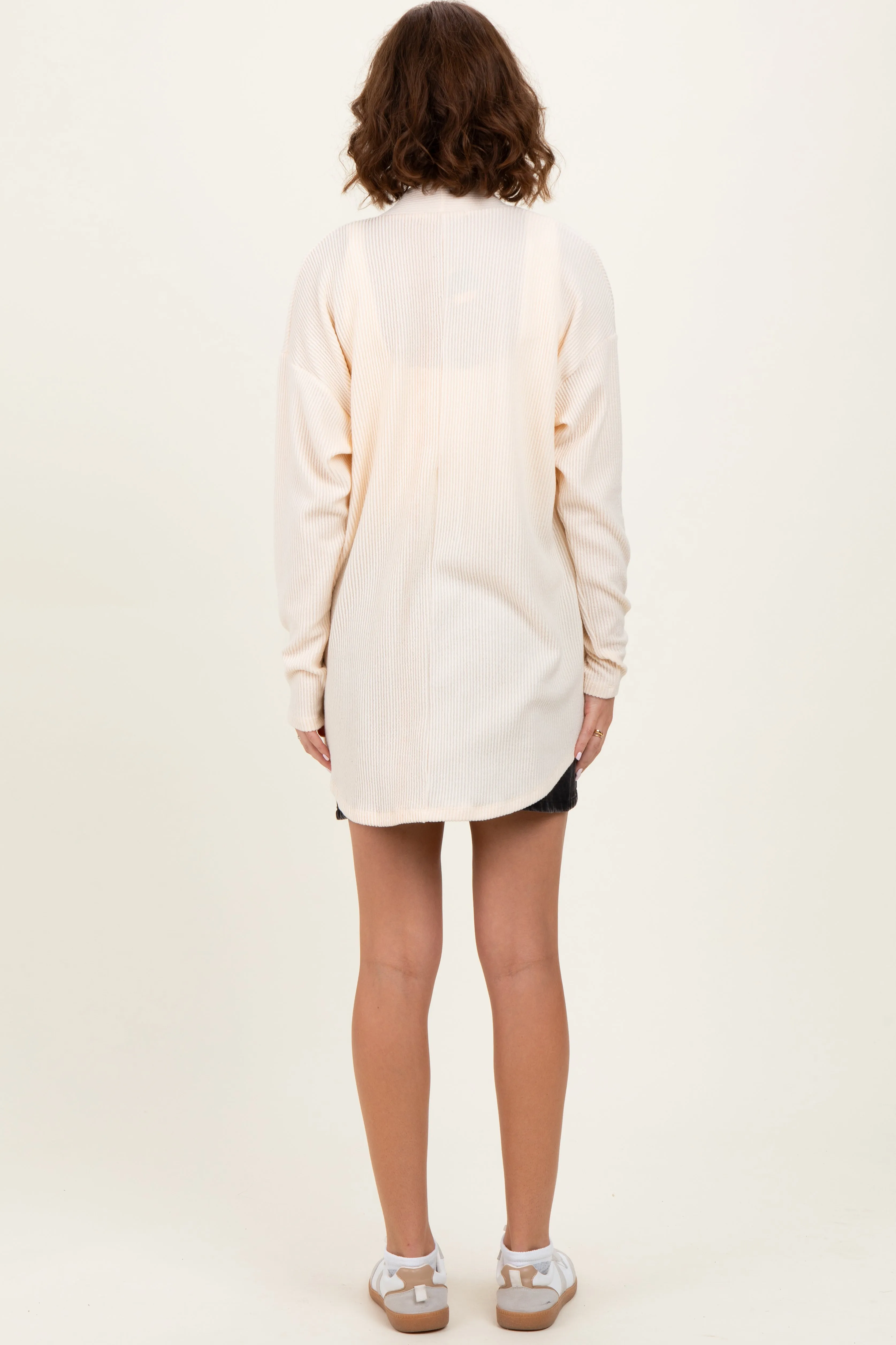Cream Solid Ribbed Long Sleeve Open Front Pocket Cardigan sold by Pinkblush product image thumbnail 4