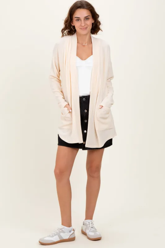 Cream Solid Ribbed Long Sleeve Open Front Pocket Cardigan sold by Pinkblush