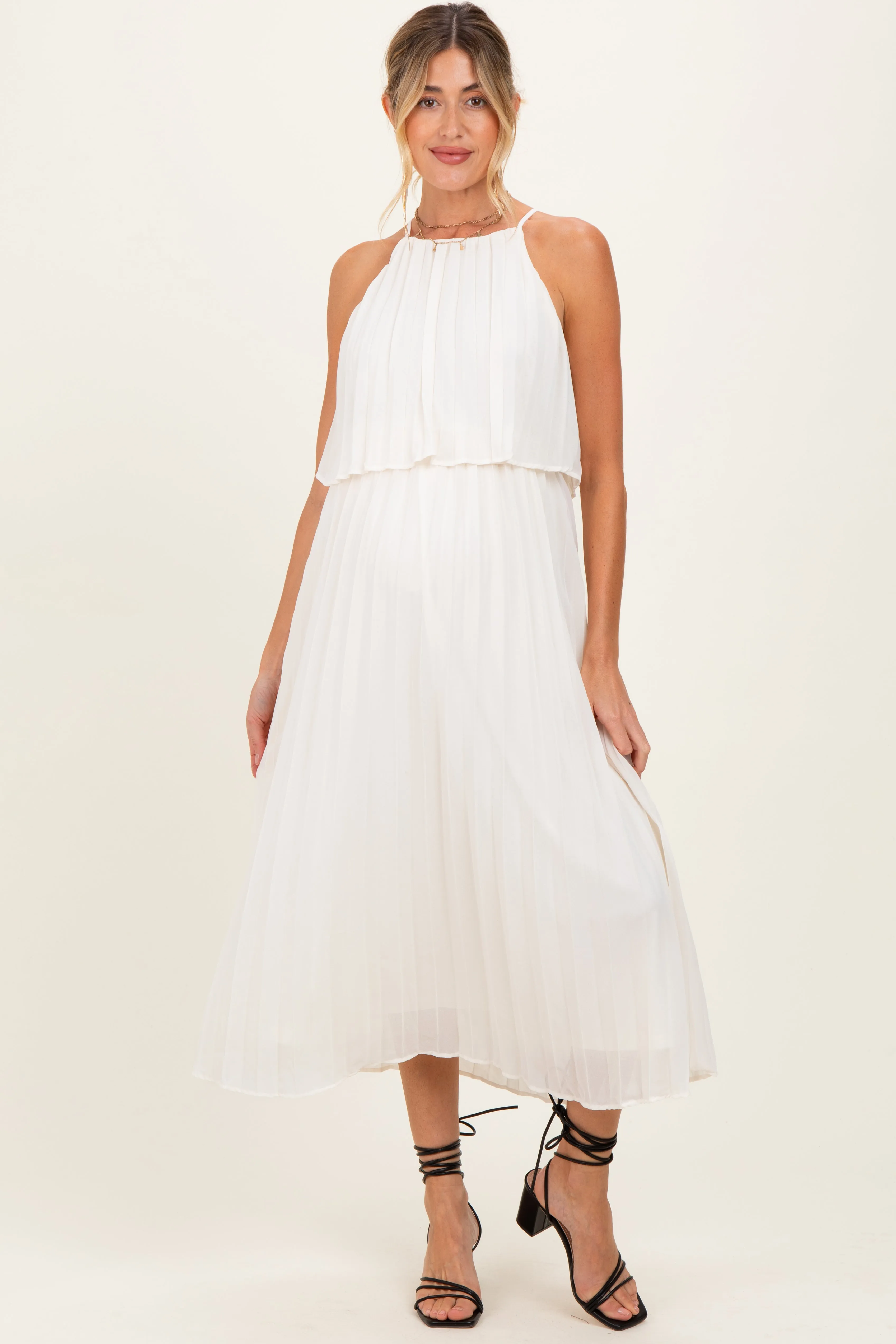 Cream Pleated Woven Maternity Midi Dress sold by Pinkblush product image thumbnail 2