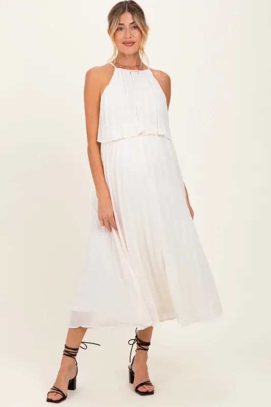 Cream Pleated Woven Maternity Midi Dress sold by Pinkblush