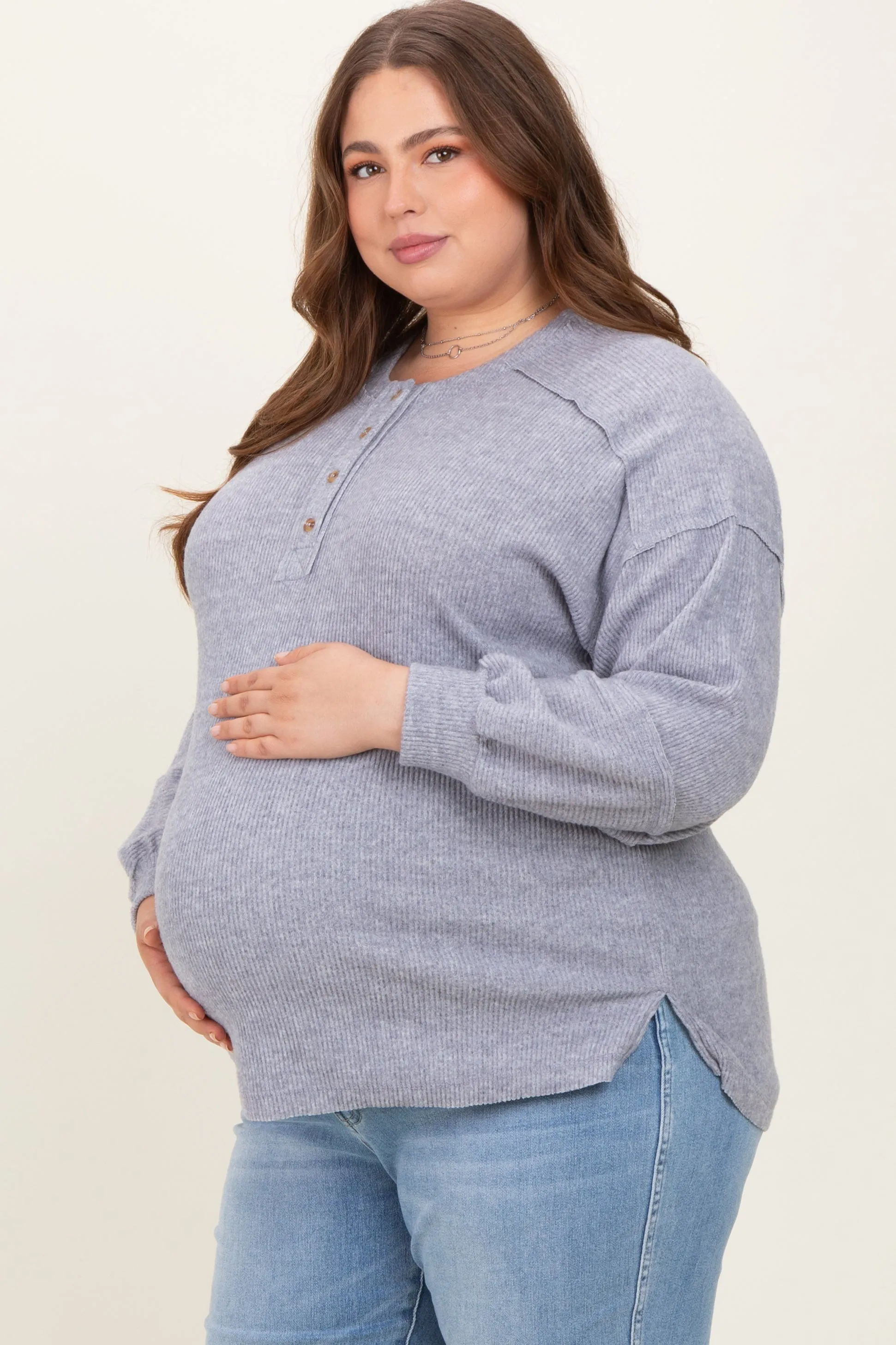 Heather Grey Oversized Ribbed Knit Henley Maternity Plus Sweater sold by Pinkblush product image thumbnail 3