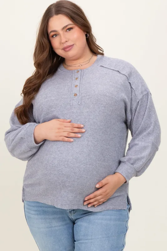 Heather Grey Oversized Ribbed Knit Henley Maternity Plus Sweater made by Zenana Outfitters