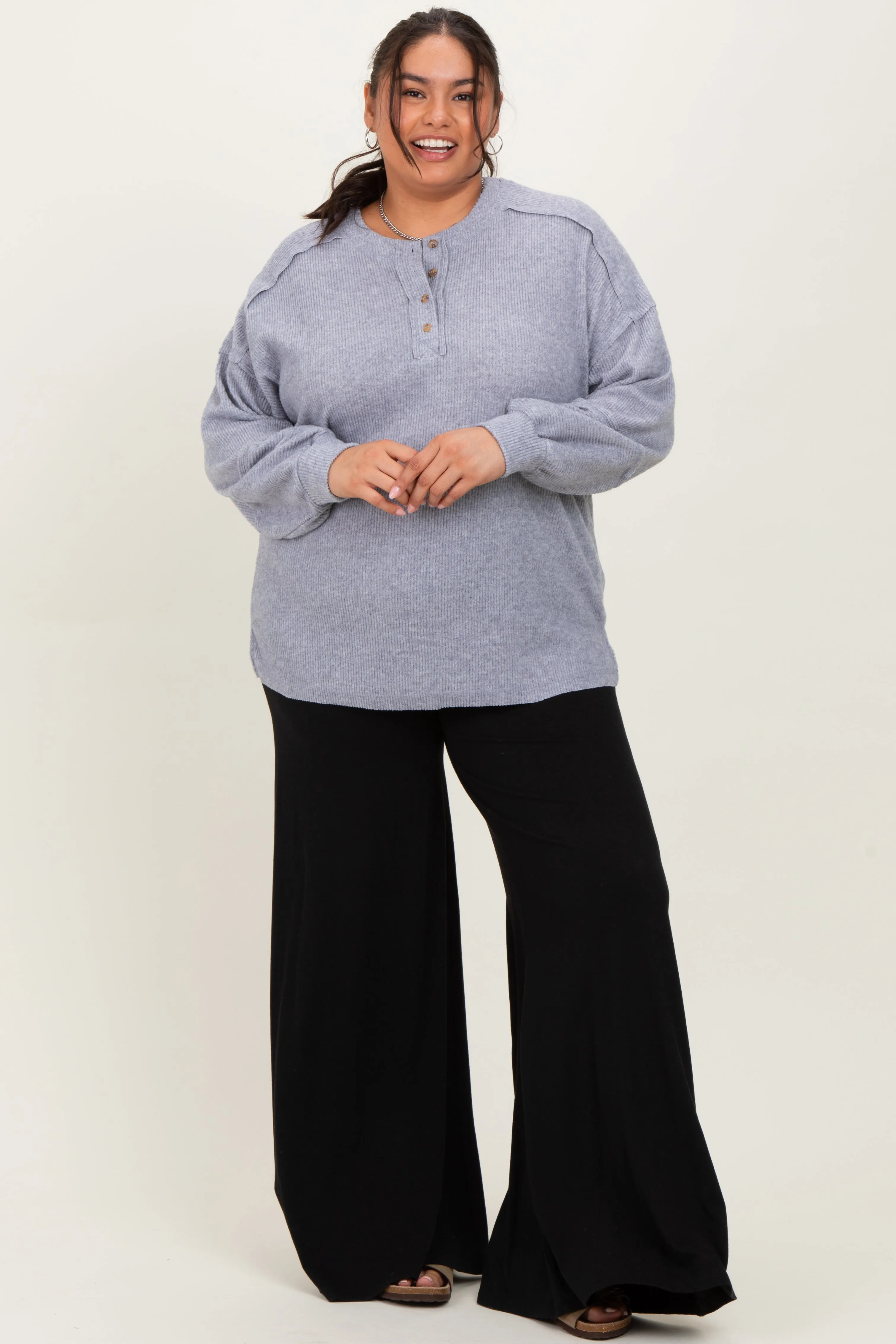 Heather Grey Oversized Ribbed Knit Henley Maternity Plus Sweater sold by Pinkblush product image thumbnail 5