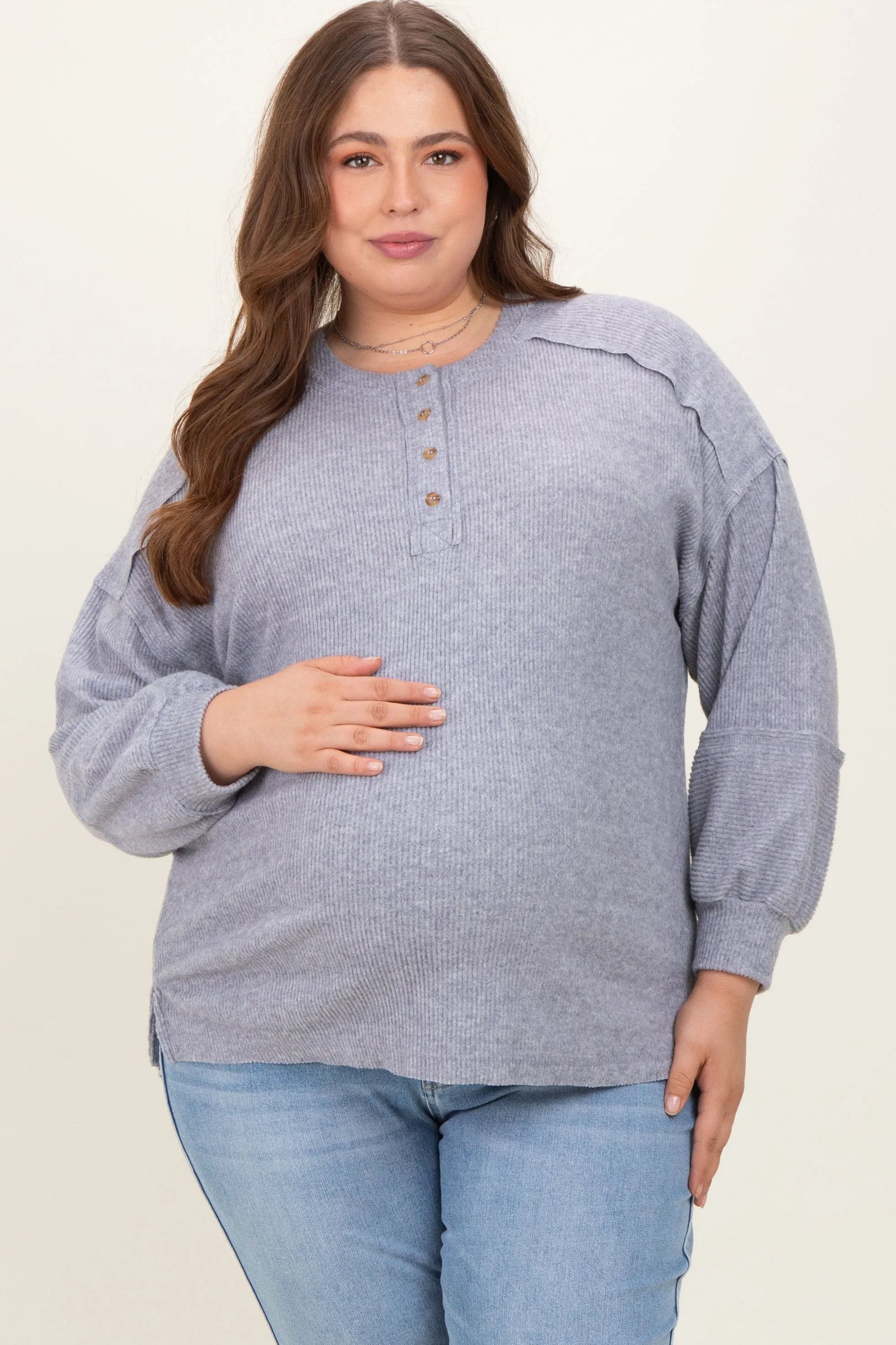 Heather Grey Oversized Ribbed Knit Henley Maternity Plus Sweater sold by Pinkblush product image thumbnail 2