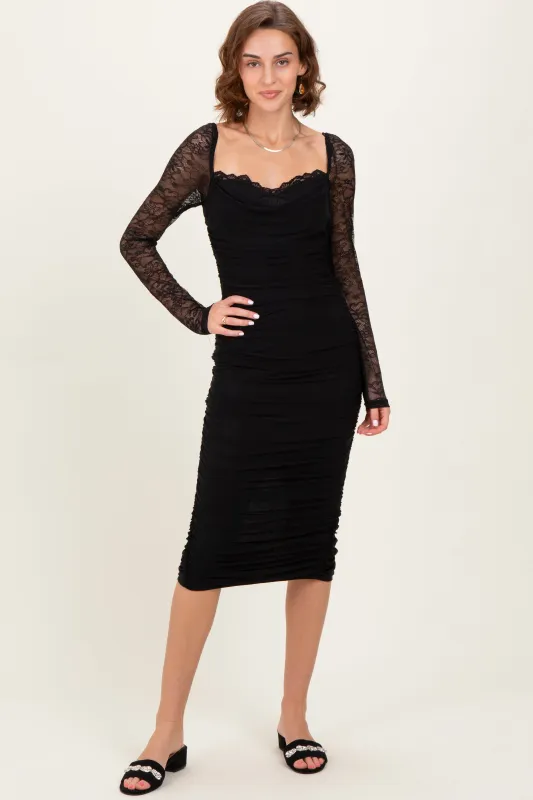 Black Ruched Lace Sleeve Midi Dress sold by Pinkblush