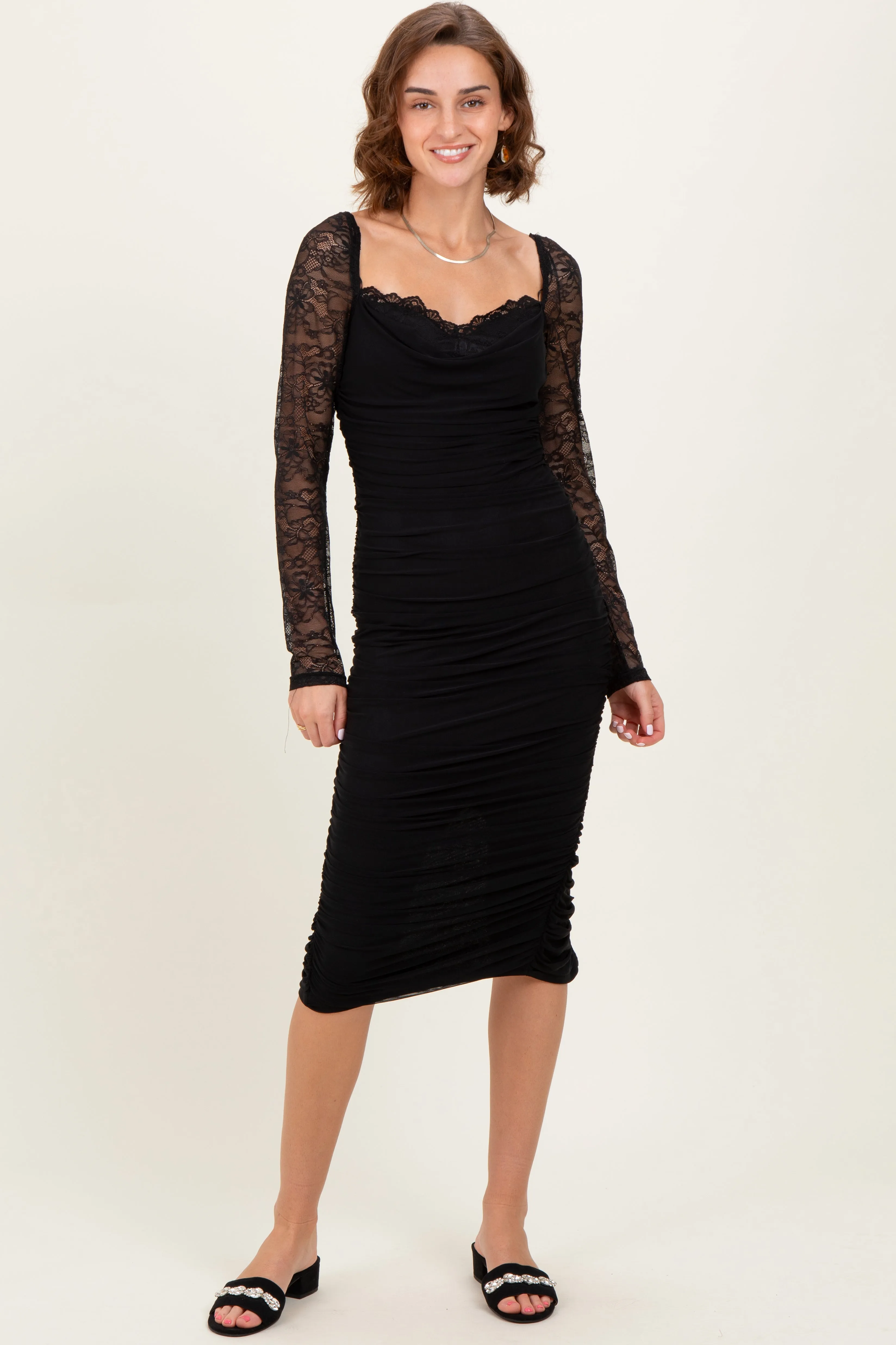 Black Ruched Lace Sleeve Midi Dress sold by Pinkblush product image thumbnail 2