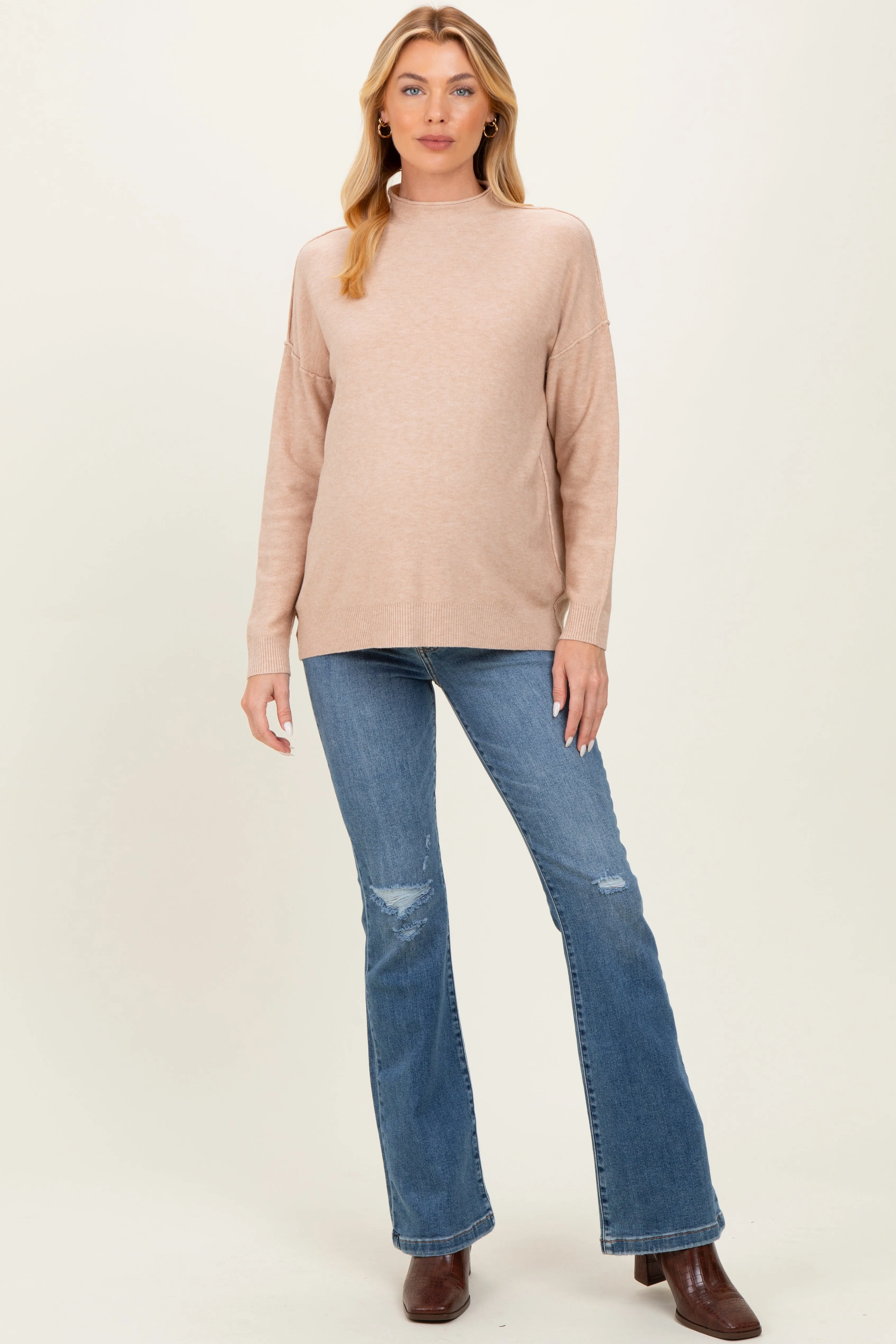 Beige Mock Neck Exposed Seam Maternity Sweater sold by Pinkblush product image thumbnail 4