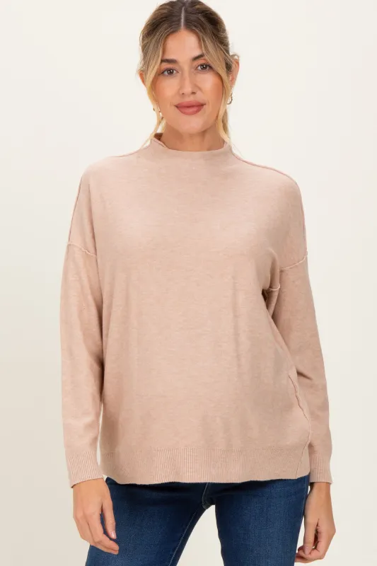 Beige Mock Neck Exposed Seam Maternity Sweater sold by Pinkblush