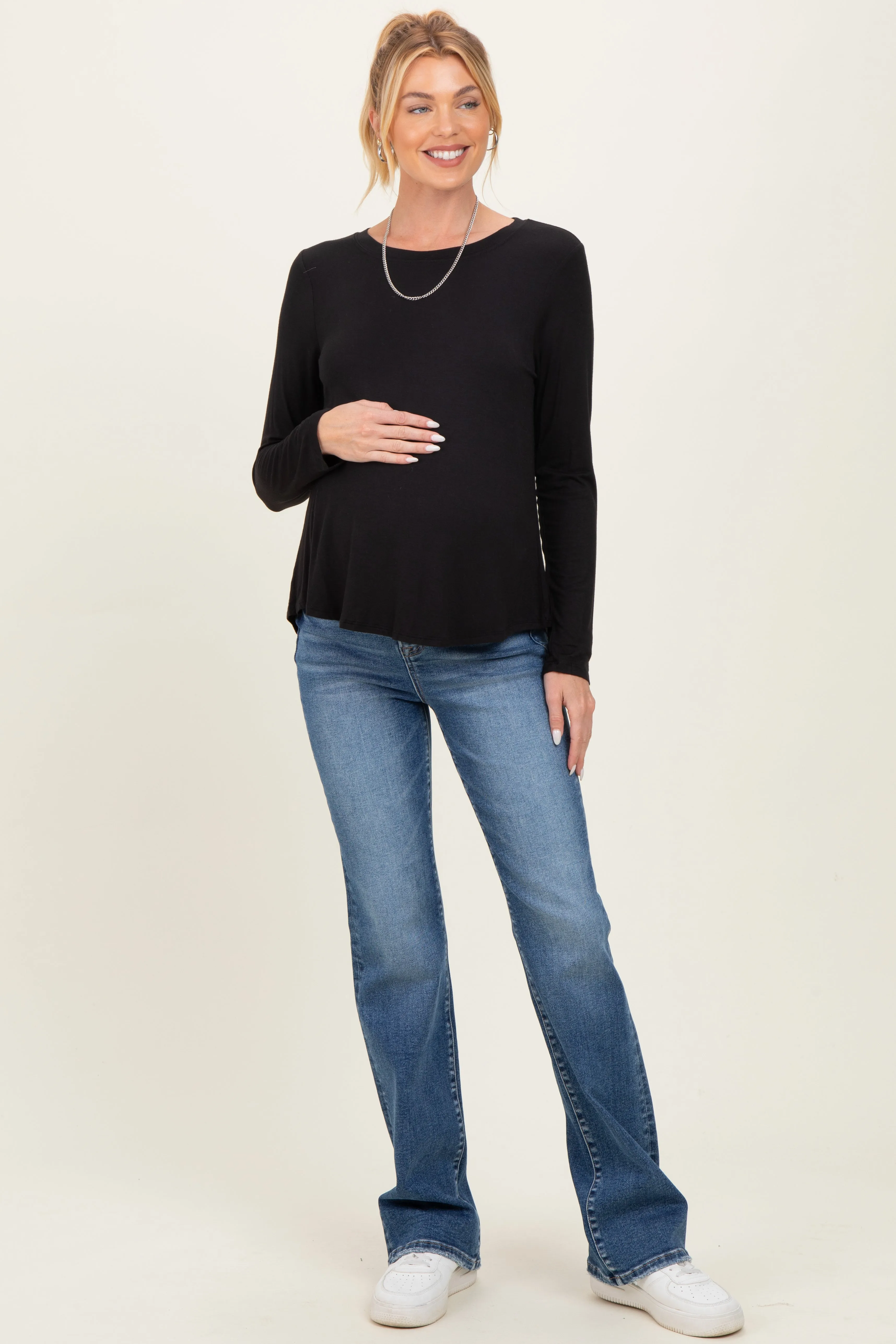 Black Flowy Round Hem Maternity Long Sleeve Top sold by Pinkblush product image thumbnail 4