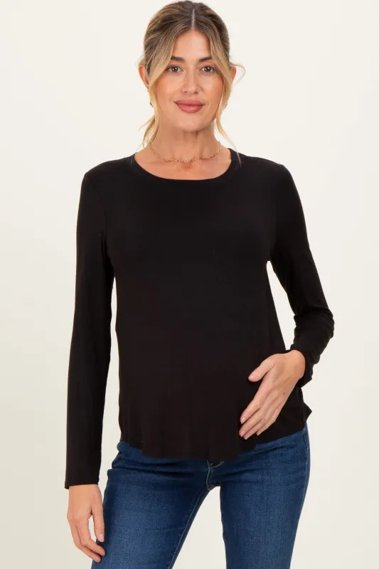 Black Flowy Round Hem Maternity Long Sleeve Top sold by Pinkblush