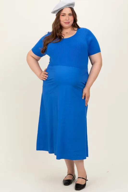 Blue Round Neck Ribbed Top Plus Maternity Midi Dress sold by Pinkblush