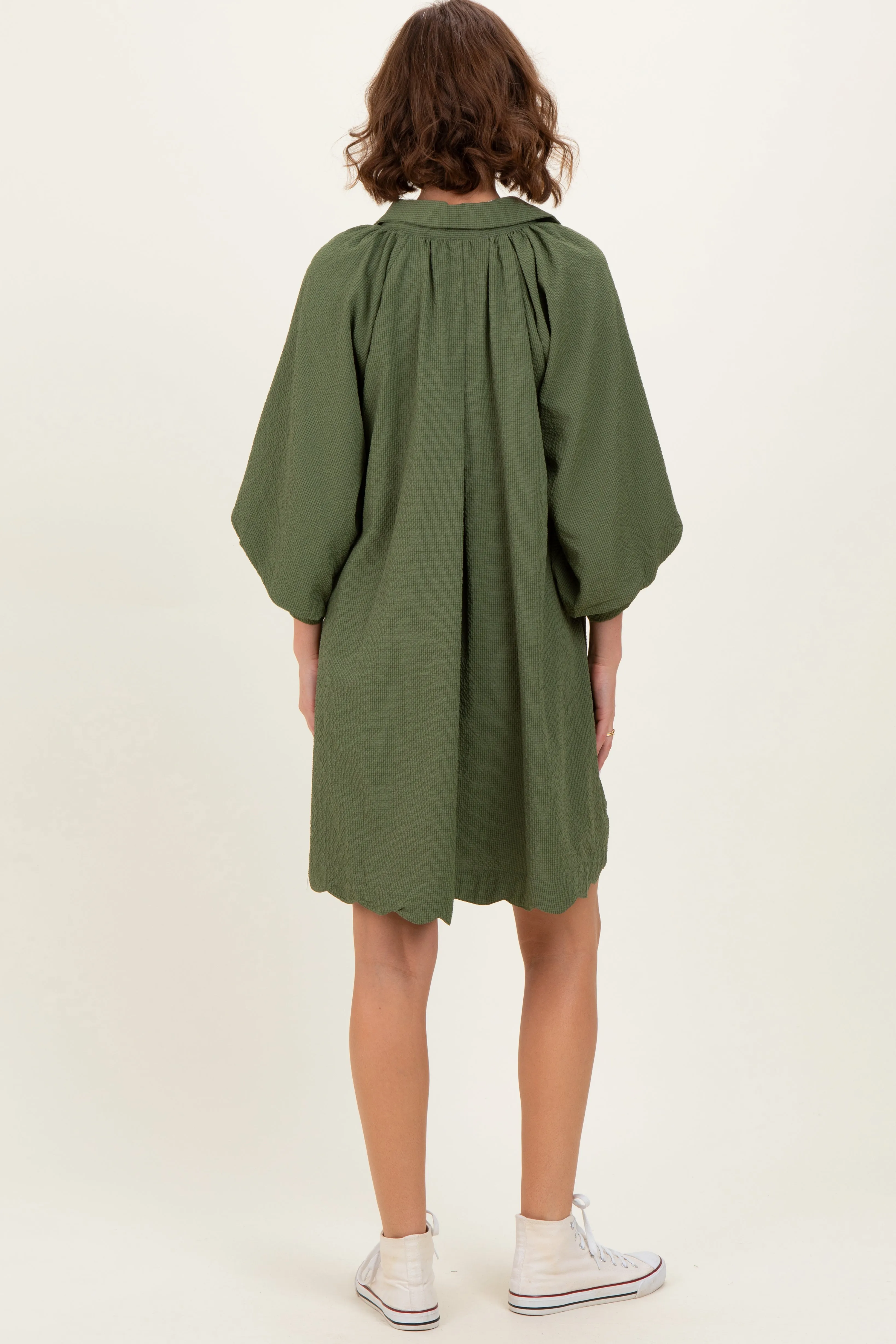 Olive Textured Collared 3/4 Puff Sleeve Dress sold by Pinkblush product image thumbnail 4