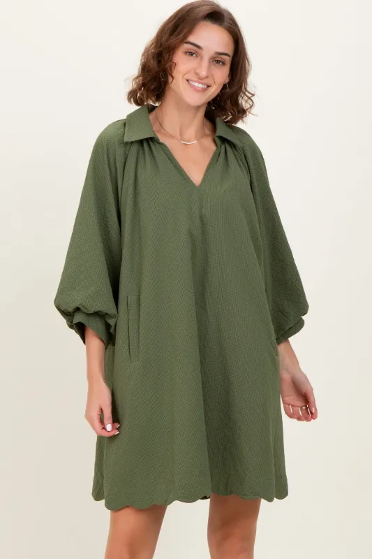 Olive Textured Collared 3/4 Puff Sleeve Dress sold by Pinkblush