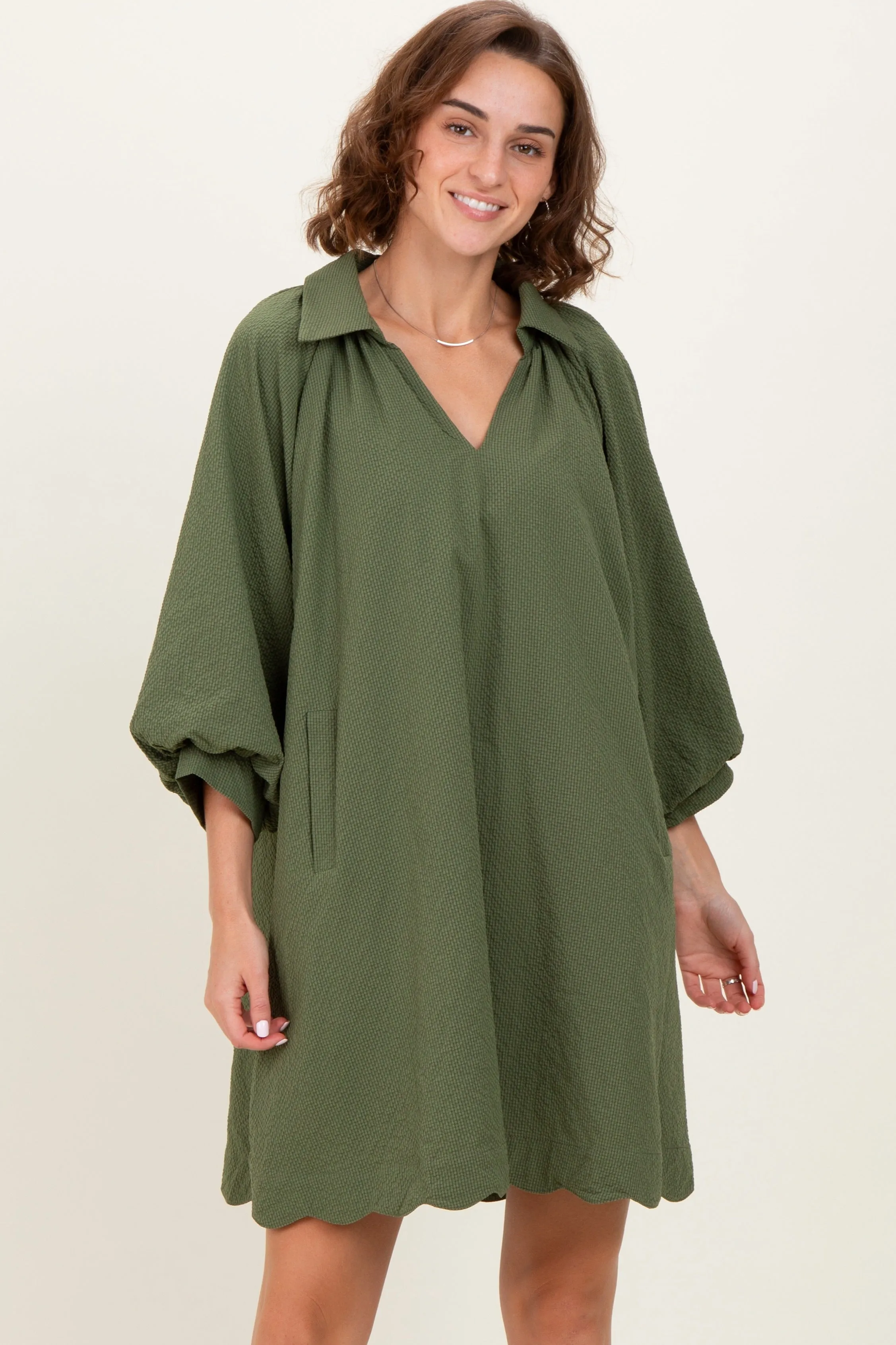 Olive Textured Collared 3/4 Puff Sleeve Dress sold by Pinkblush
