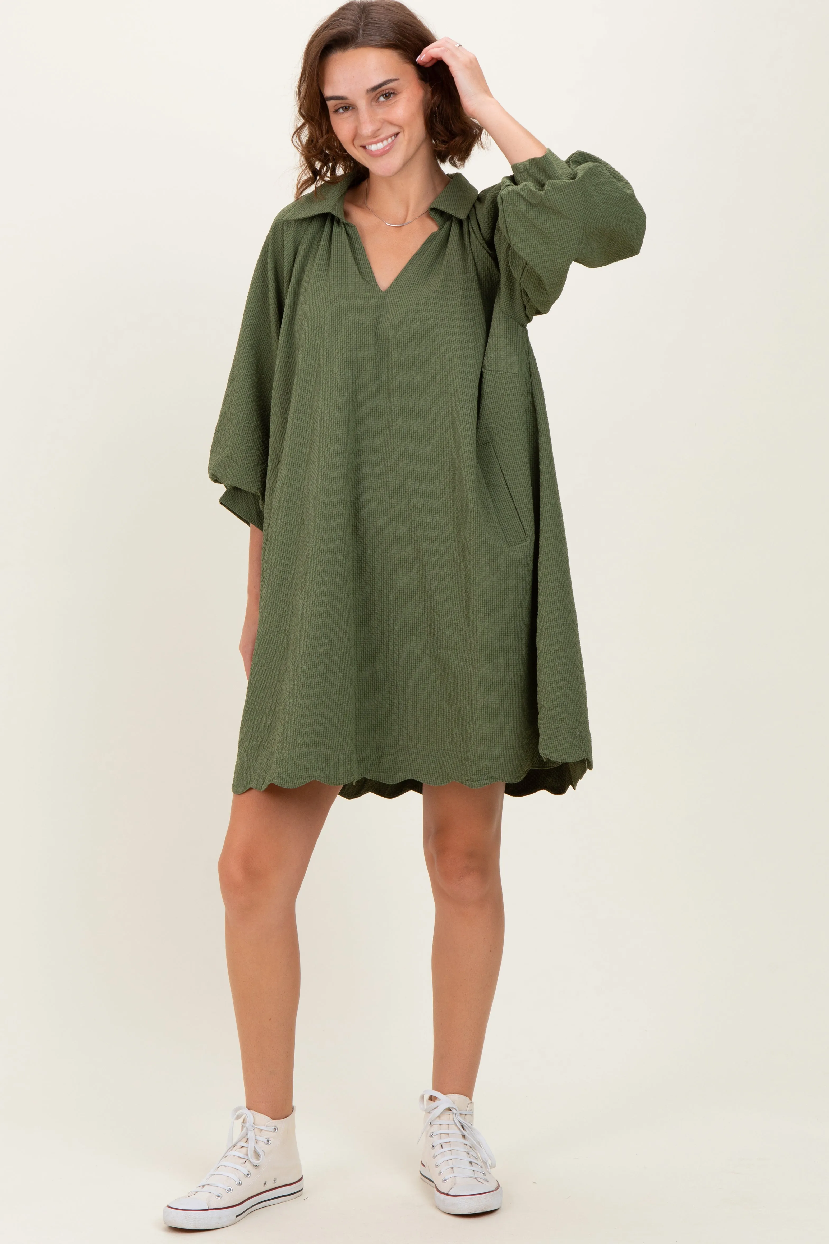 Olive Textured Collared 3/4 Puff Sleeve Dress sold by Pinkblush product image thumbnail 2