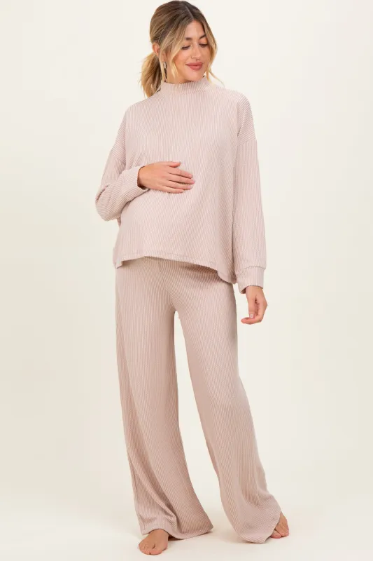 Beige Textured Rib Mock Neck Long Sleeve Pants Maternity Set sold by Pinkblush