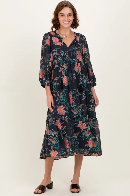Black Floral Front Tie Tiered Midi Dress sold by Pinkblush