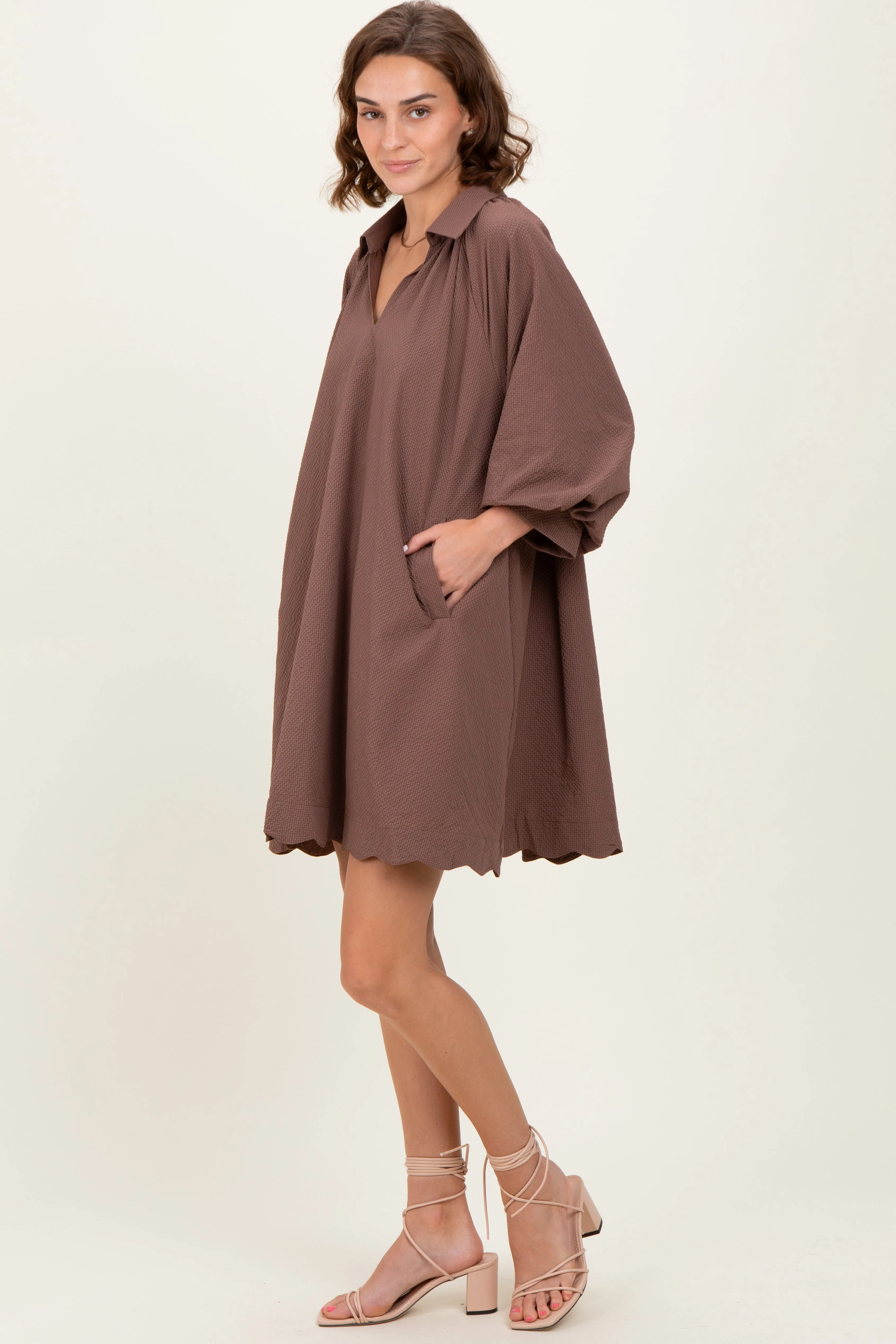 Brown Textured Collared 3/4 Puff Sleeve Dress sold by Pinkblush product image thumbnail 3
