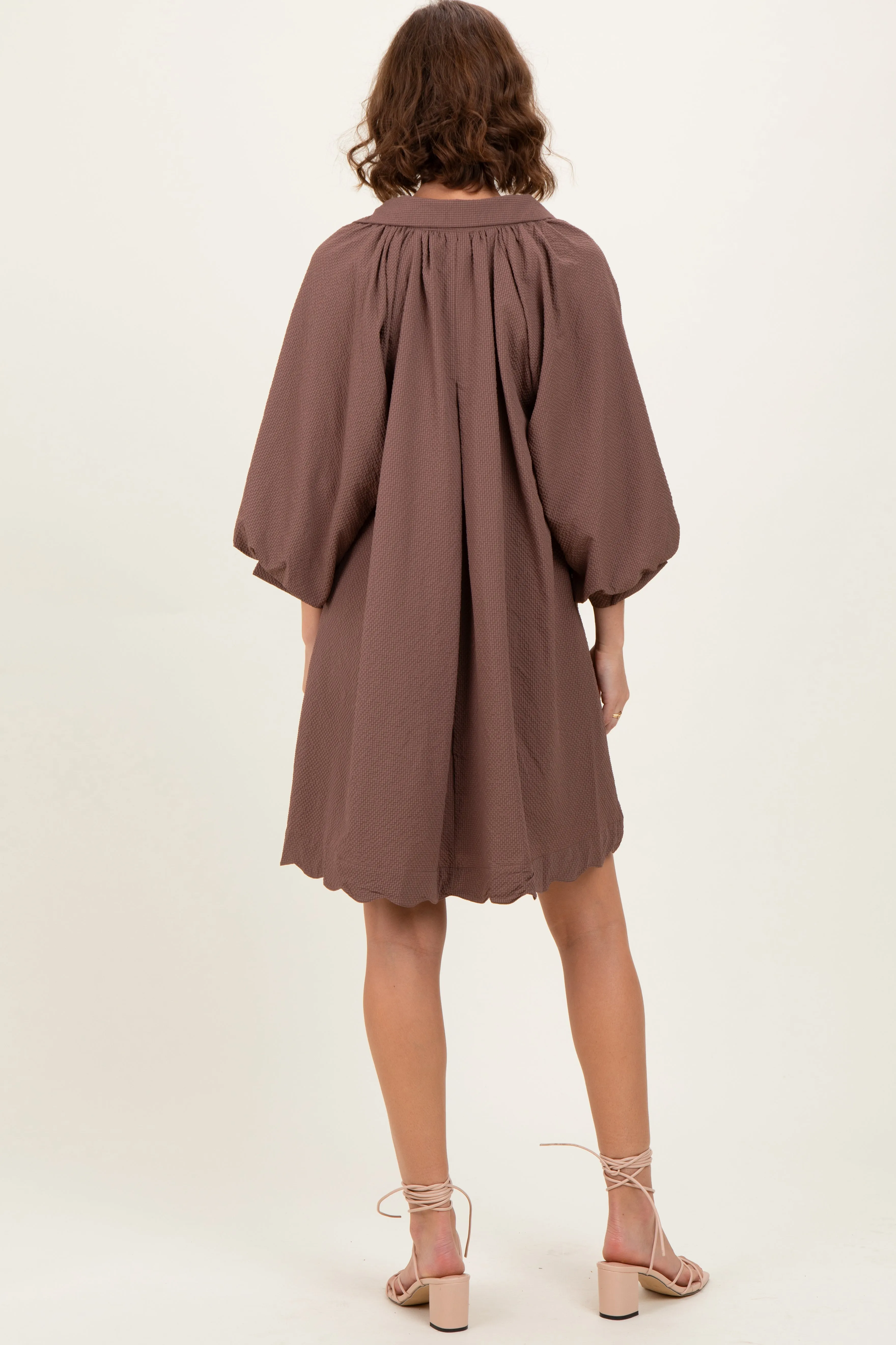Brown Textured Collared 3/4 Puff Sleeve Dress sold by Pinkblush product image thumbnail 4