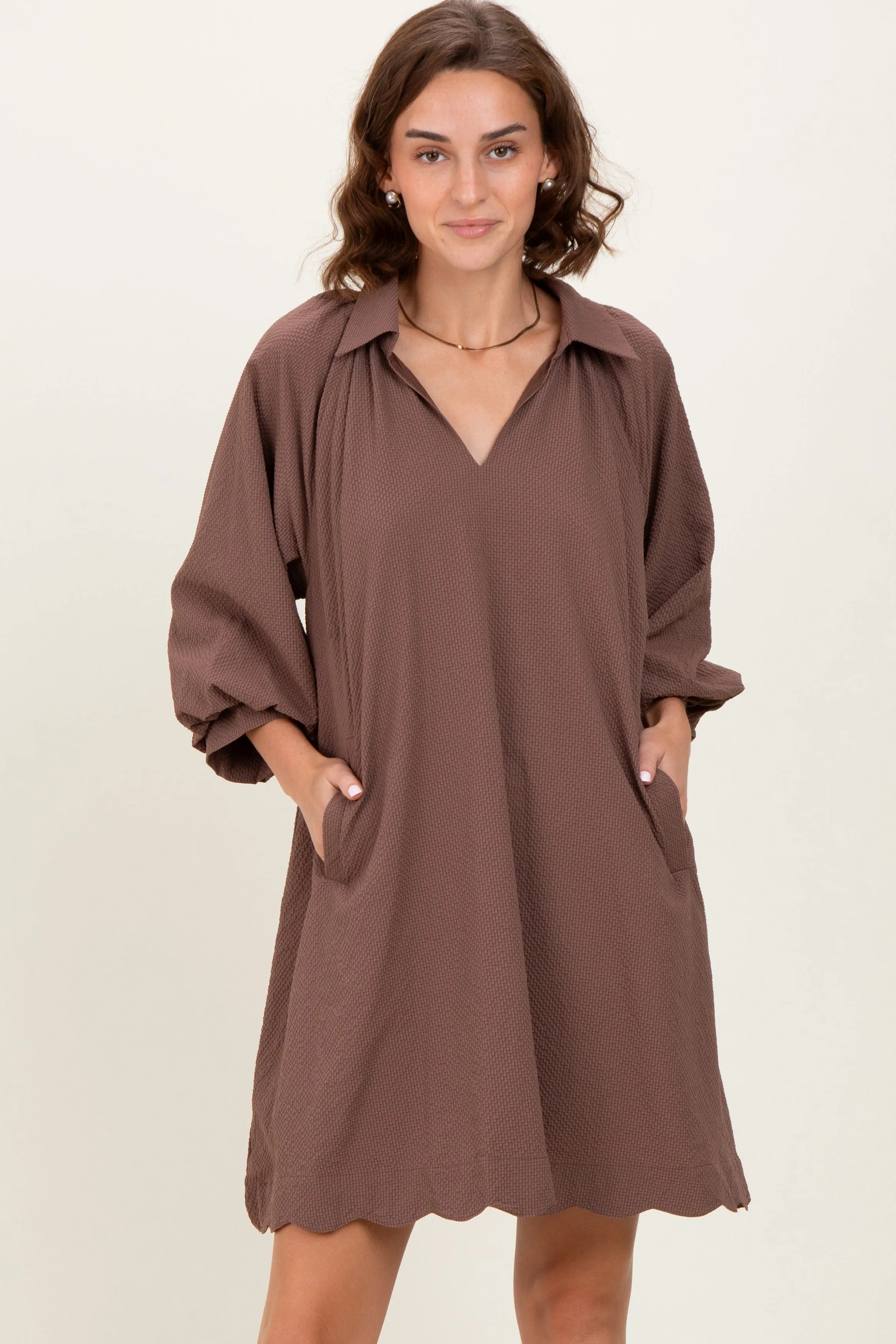 Brown Textured Collared 3/4 Puff Sleeve Dress sold by Pinkblush
