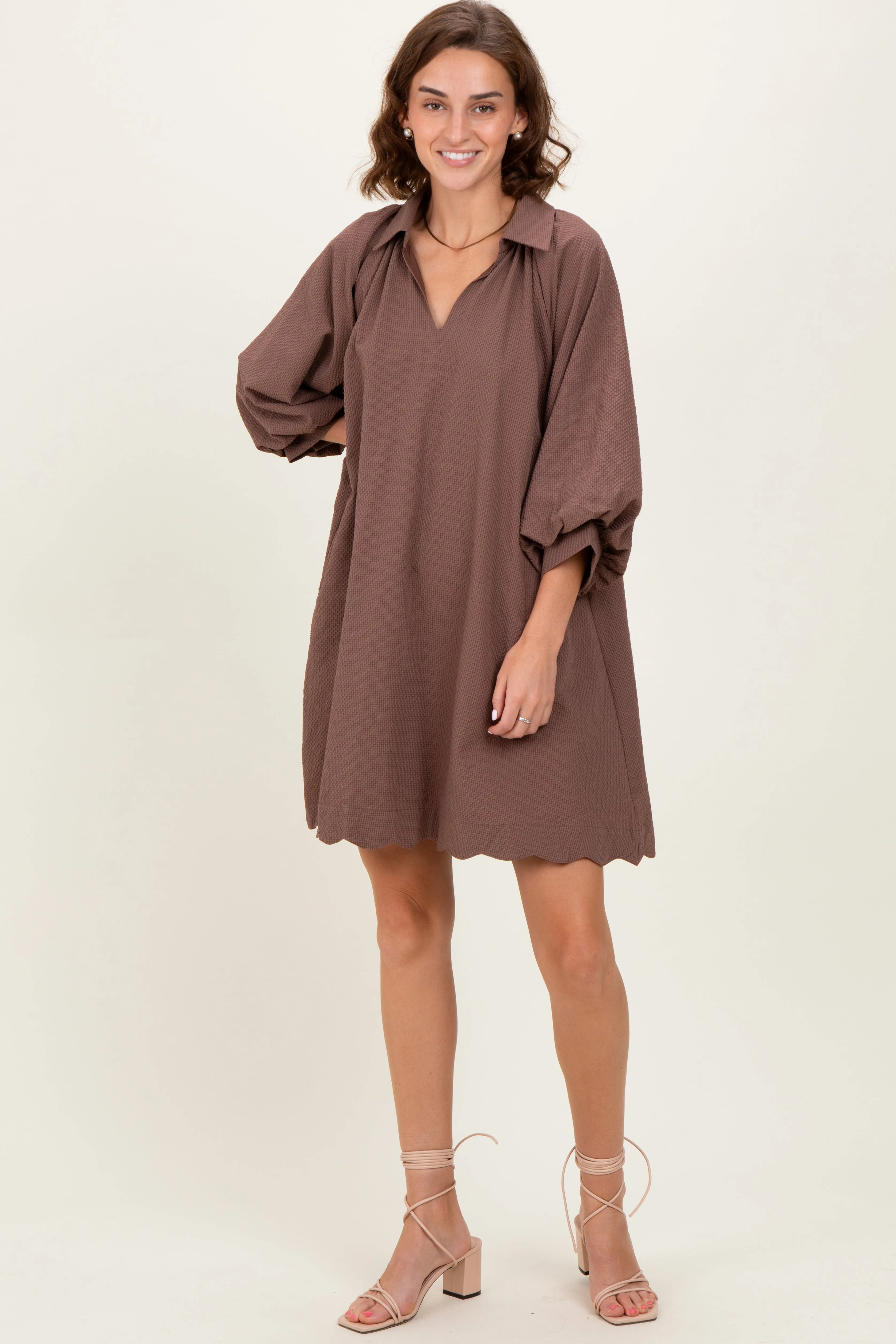 Brown Textured Collared 3/4 Puff Sleeve Dress sold by Pinkblush product image thumbnail 2