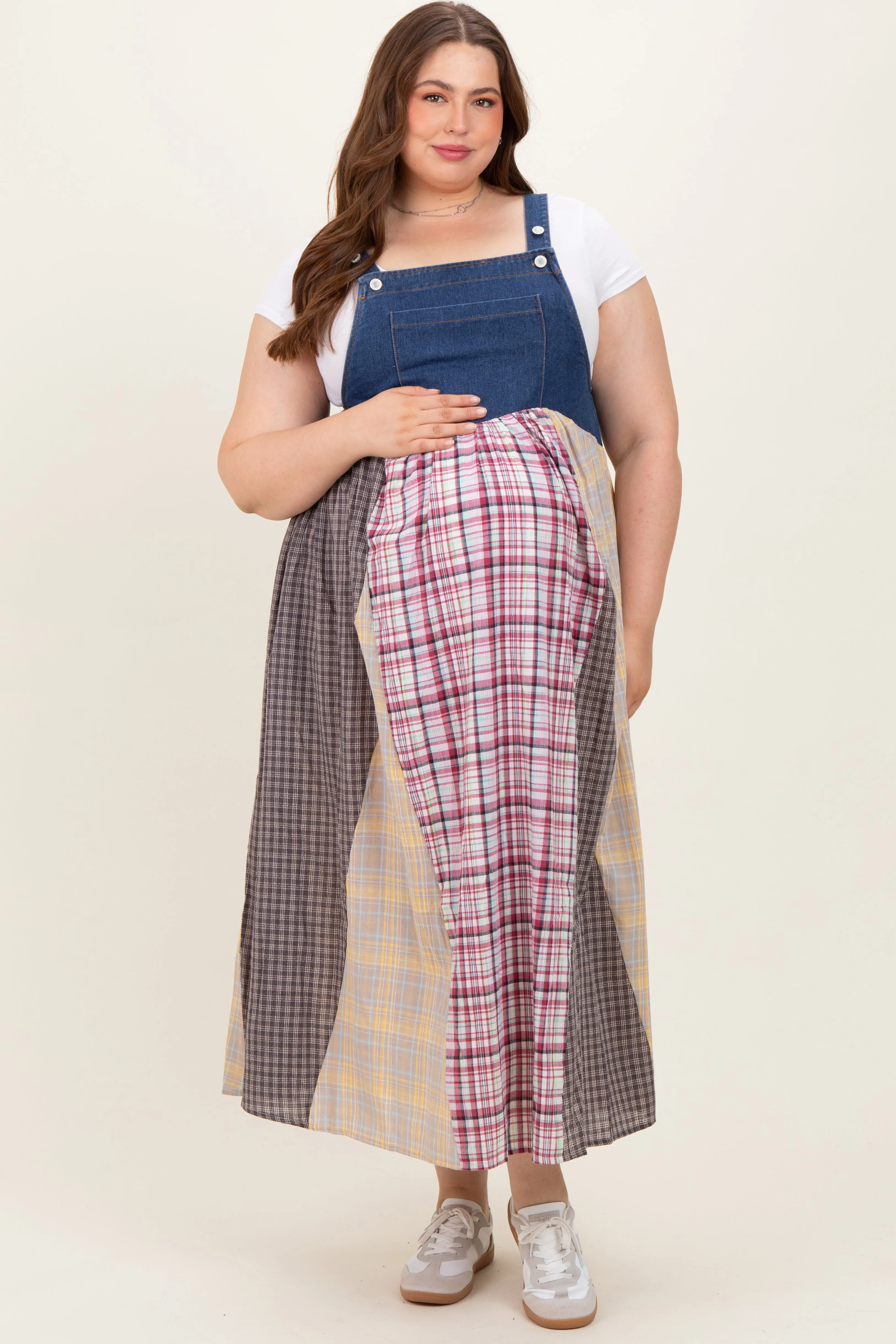 Multicolor Plaid Colorblock Denim Maternity Plus Overall Dress sold by Pinkblush product image thumbnail 2