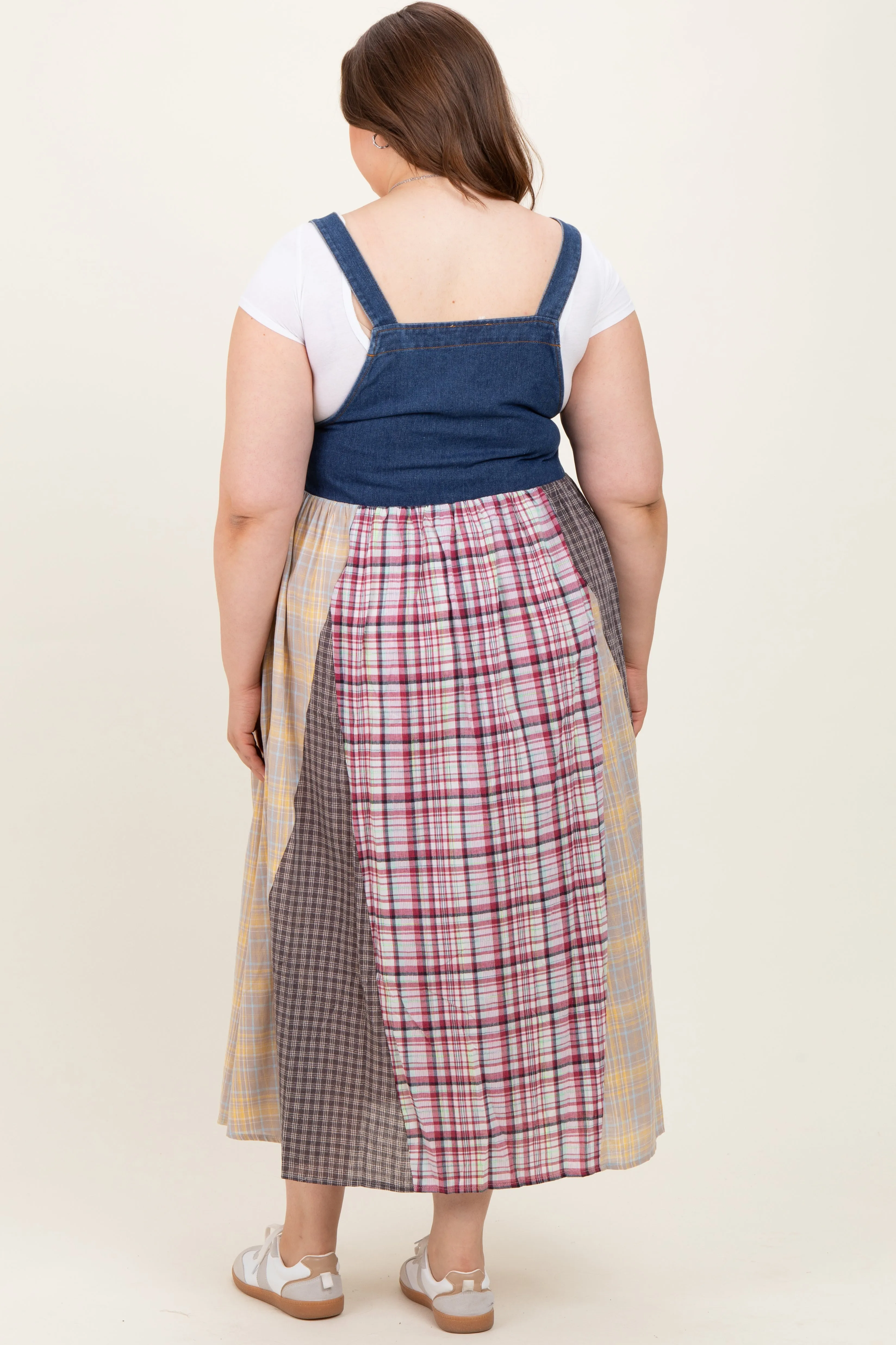 Multicolor Plaid Colorblock Denim Maternity Plus Overall Dress sold by Pinkblush product image thumbnail 4