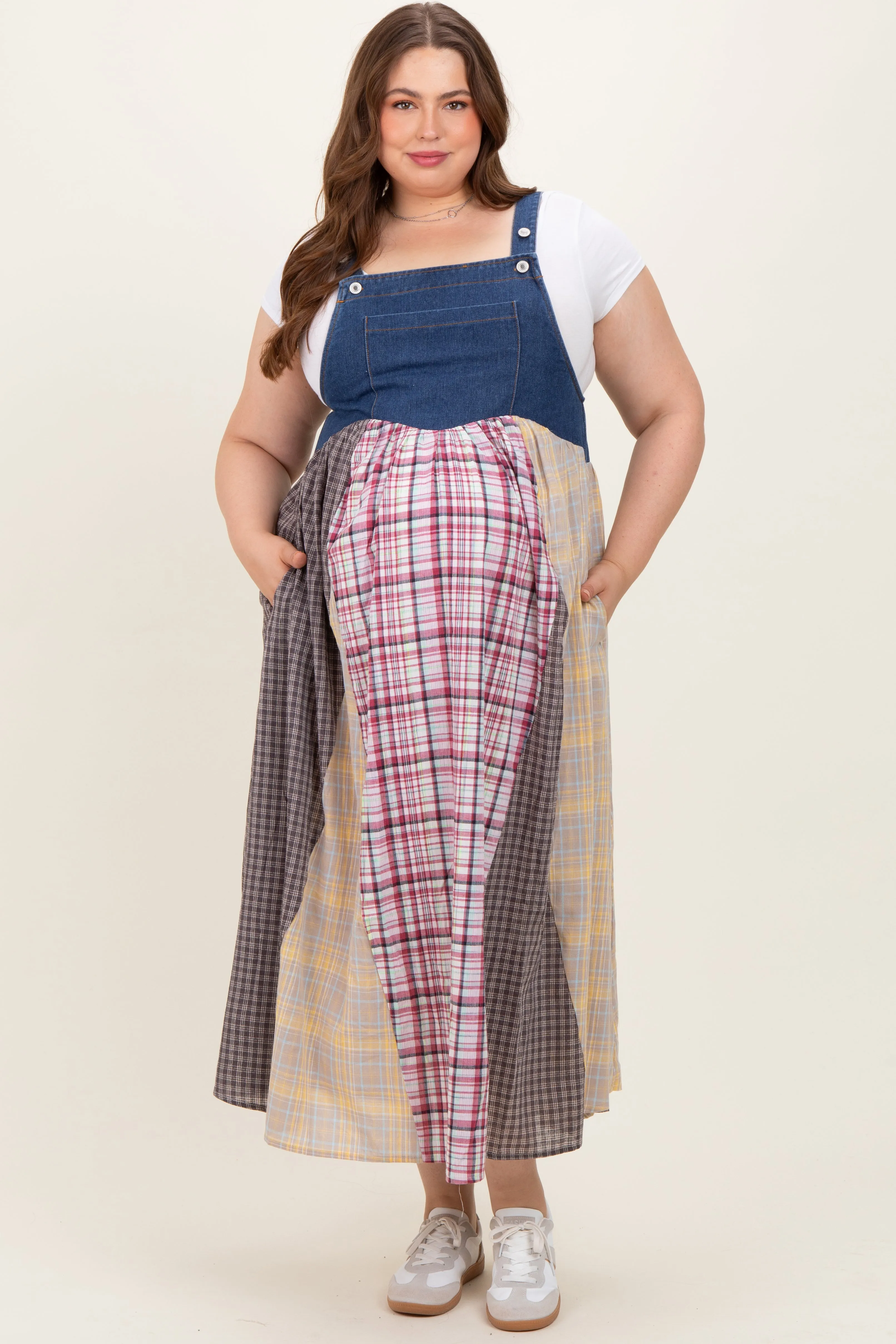 Multicolor Plaid Colorblock Denim Maternity Plus Overall Dress sold by Pinkblush