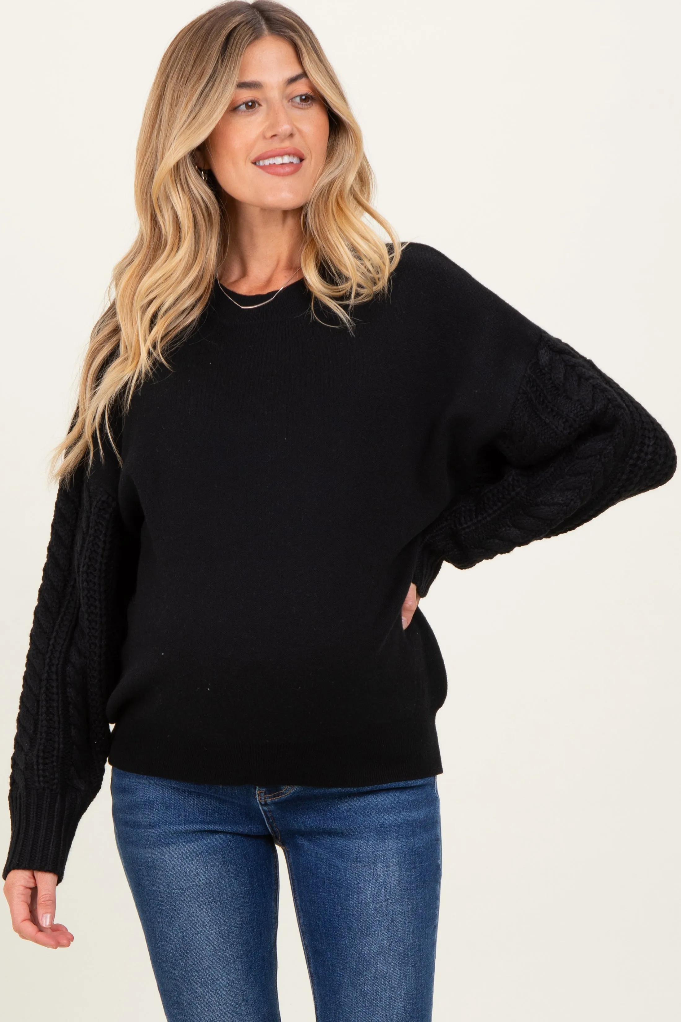 Black Cable Knit Sleeve Round Neck Maternity Sweater sold by Pinkblush product image thumbnail 2