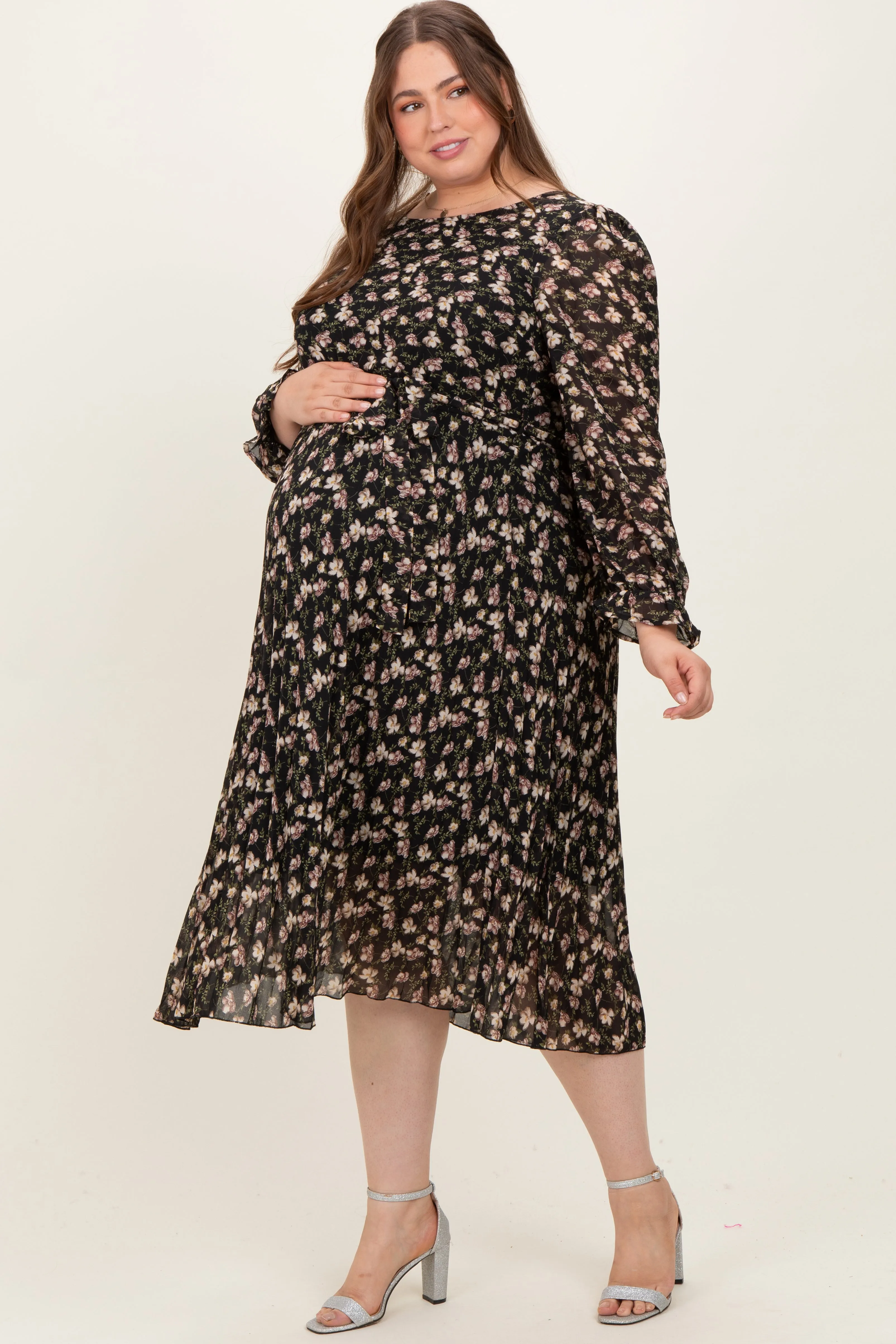 Black Floral Chiffon Long Sleeve Pleated Maternity Plus Midi Dress sold by Pinkblush product image thumbnail 2